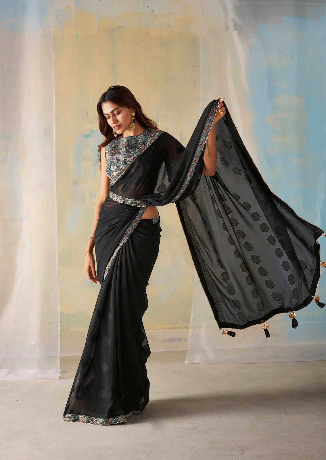 Georgette Fancy Weaving Pattern With Fancy Lace Border &amp; Latkan saree for women-SADI-01_Black