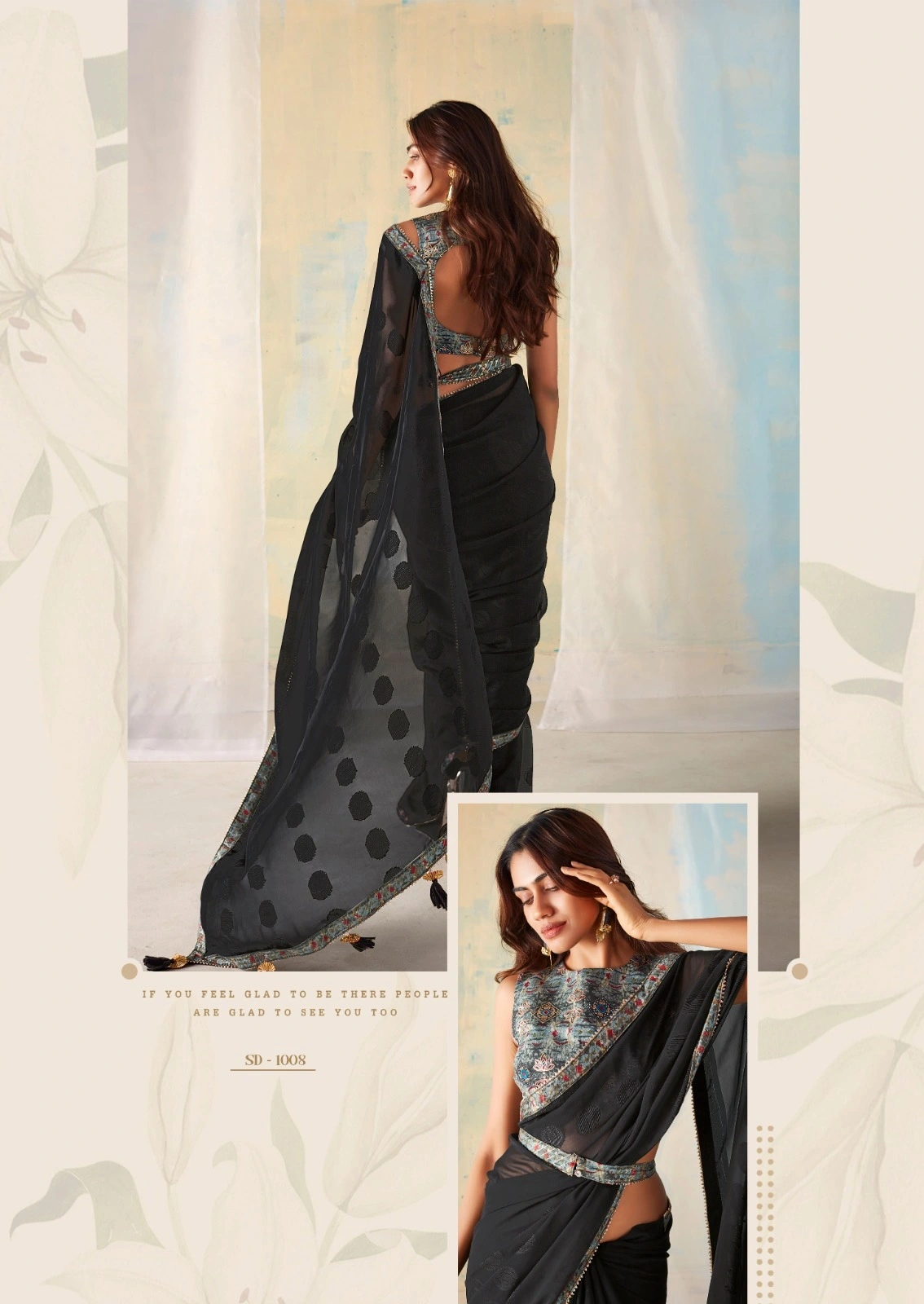 Georgette Fancy Weaving Pattern With Fancy Lace Border &amp; Latkan saree for women-Black-1