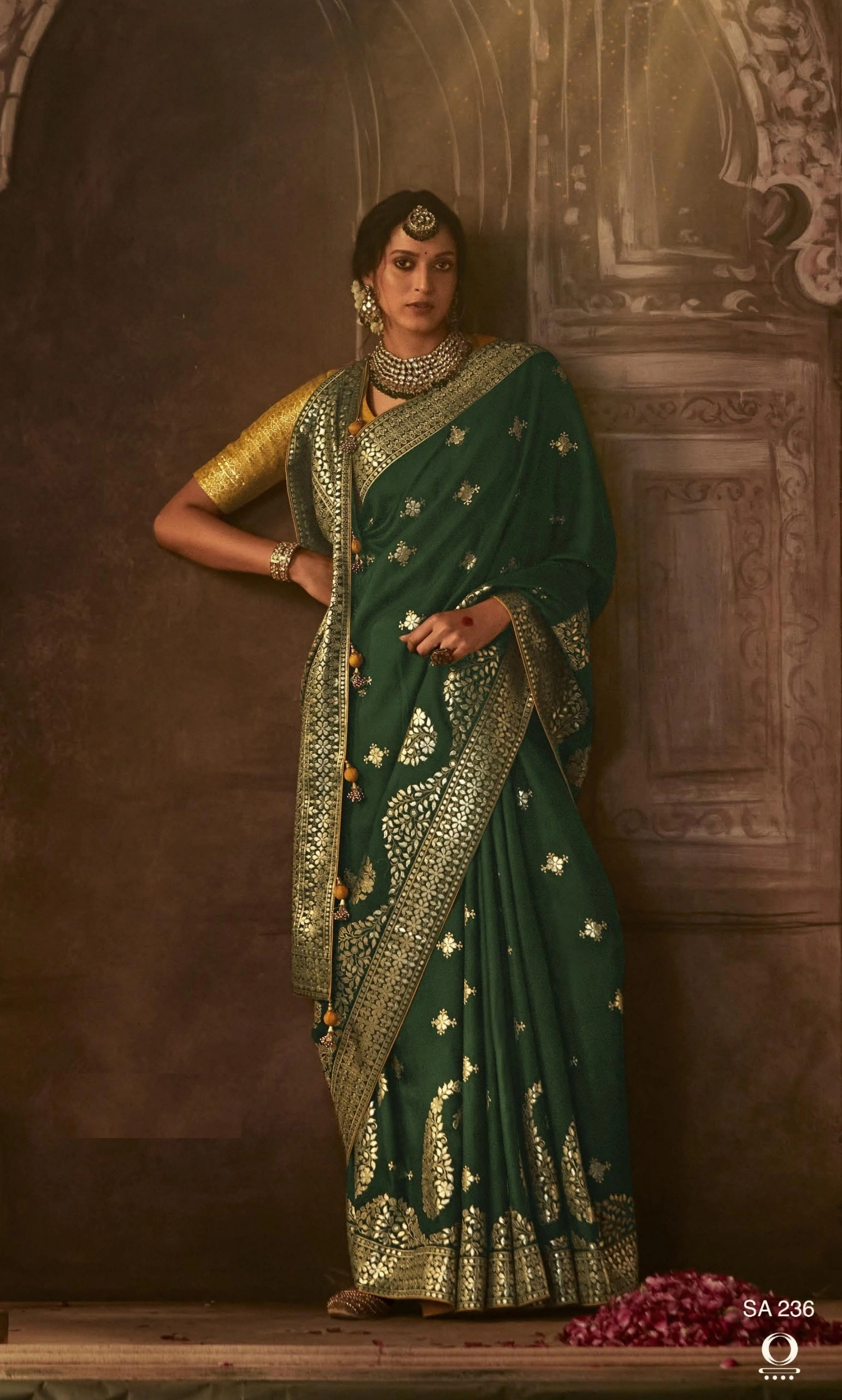 yellow designer indian wedding saree collection in festival season  with pure viscose Dola silk sarees for women and Girls-APSARA-01_DarkGreen