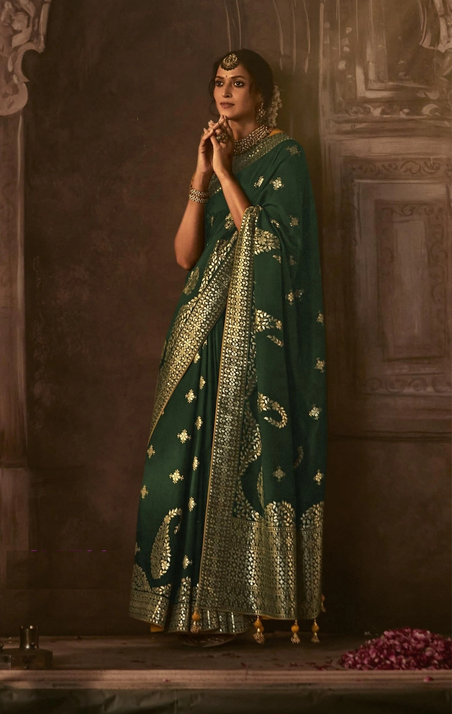 yellow designer indian wedding saree collection in festival season  with pure viscose Dola silk sarees for women and Girls-Dark green-1