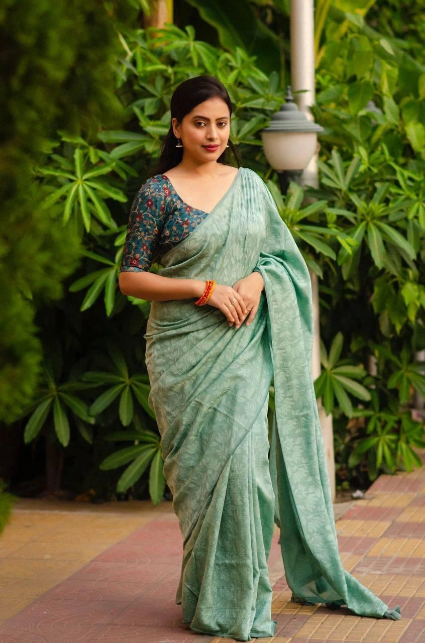 Sky Blue Soft silk self-woven Jacquard sarees paired with Kamalkari style printed Jute Silk blouses in festival season for womne and girls-BARFI-01_SkyBlue