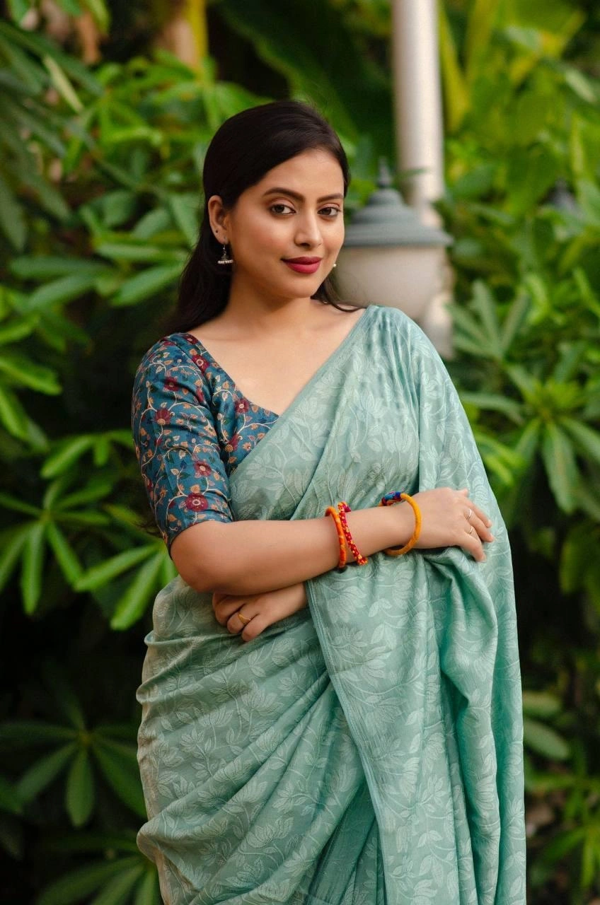 Sky Blue Soft silk self-woven Jacquard sarees paired with Kamalkari style printed Jute Silk blouses in festival season for womne and girls-Sky Blue-1