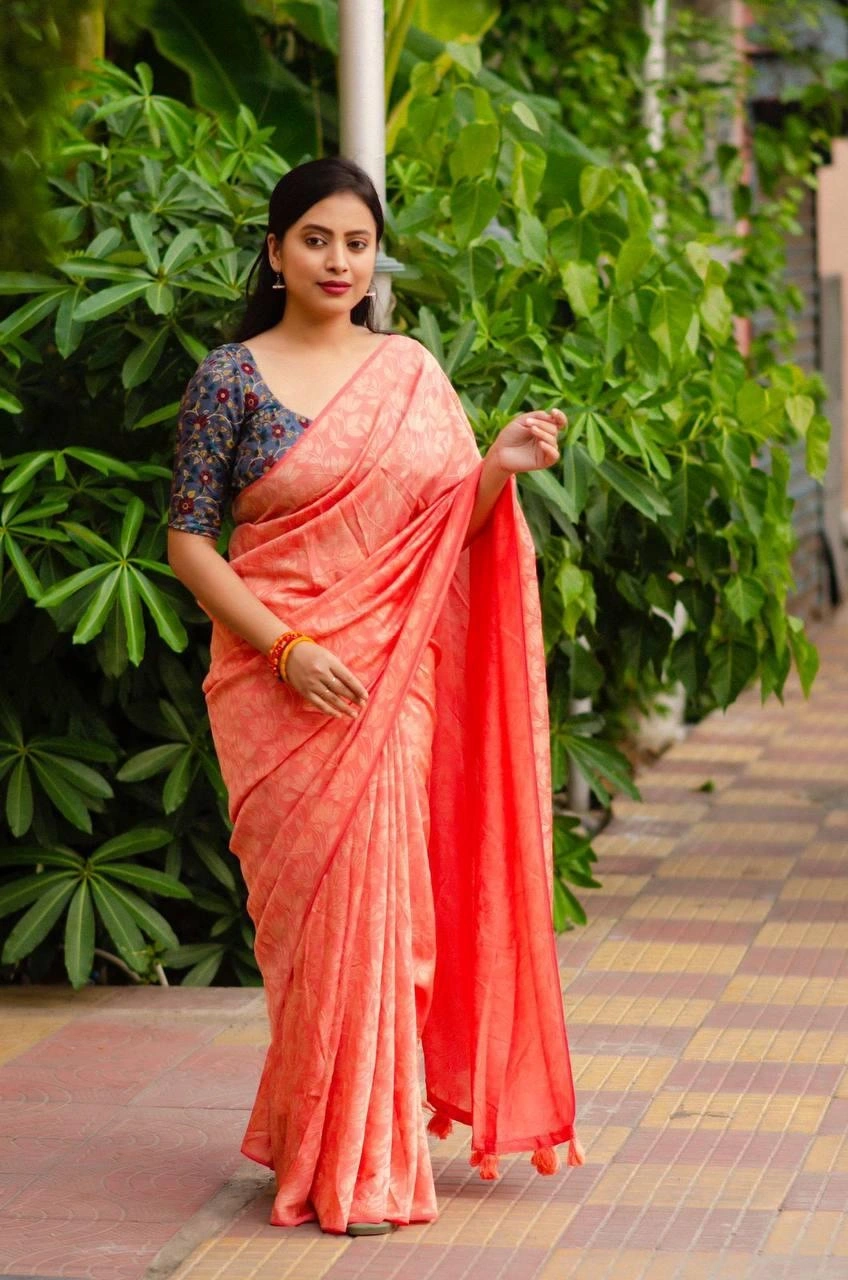 Sky Blue Soft silk self-woven Jacquard sarees paired with Kamalkari style printed Jute Silk blouses in festival season for womne and girls-BARFI-01_Peach