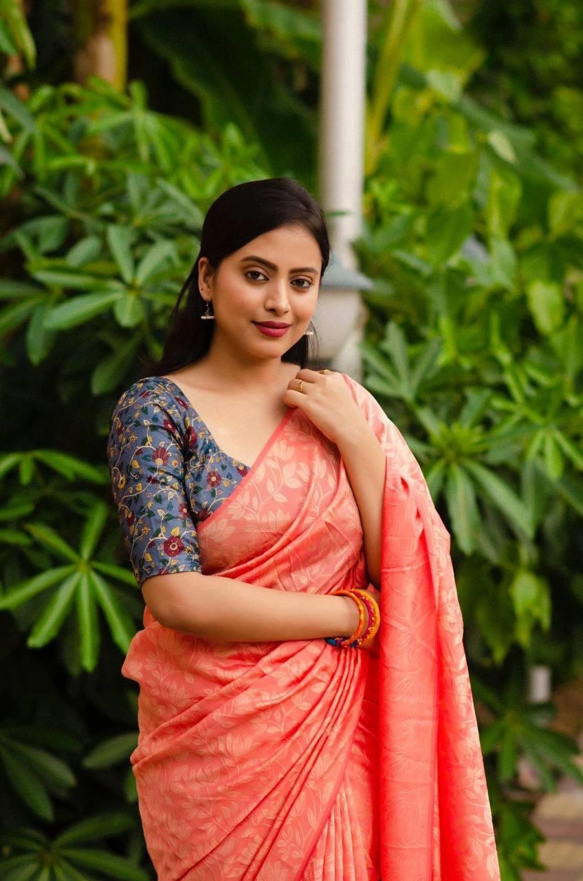 Sky Blue Soft silk self-woven Jacquard sarees paired with Kamalkari style printed Jute Silk blouses in festival season for womne and girls-Peach-1