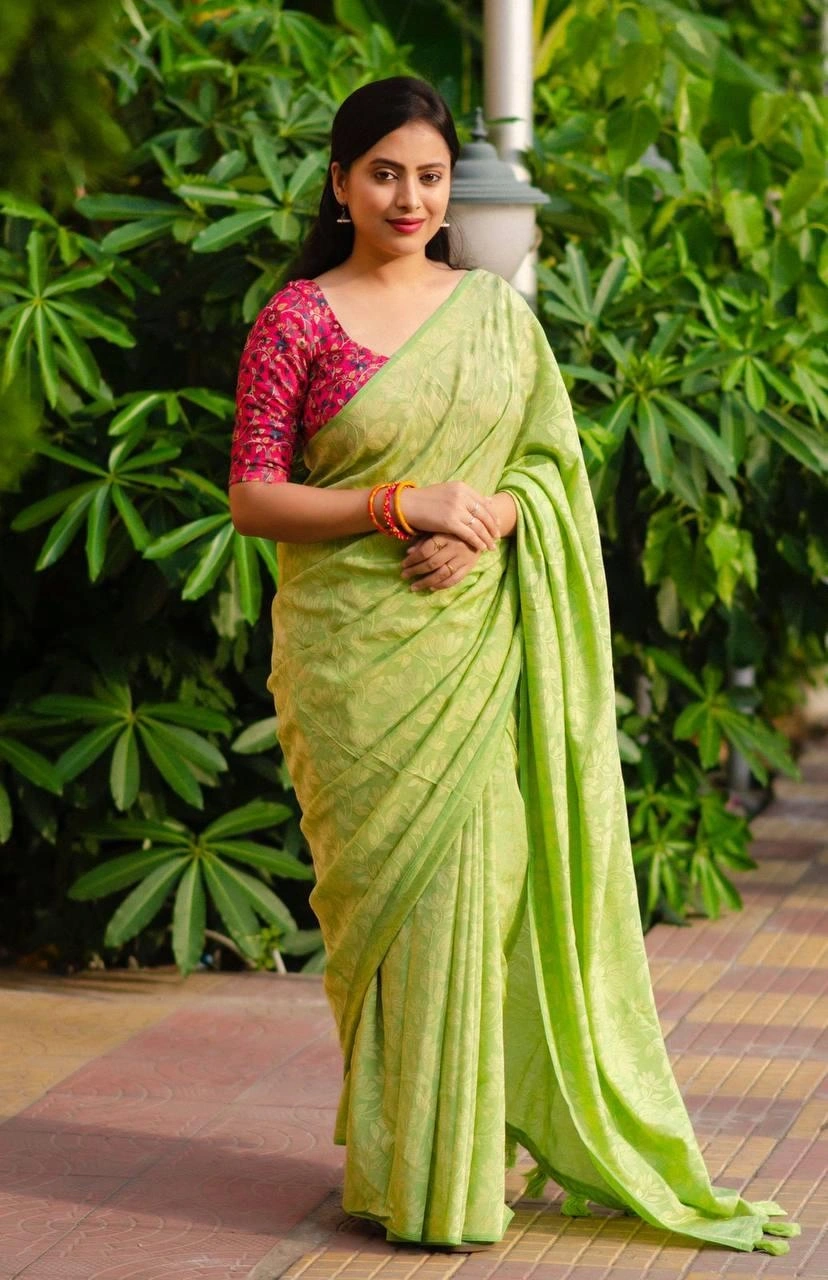 Sky Blue Soft silk self-woven Jacquard sarees paired with Kamalkari style printed Jute Silk blouses in festival season for womne and girls-BARFI-01_Green