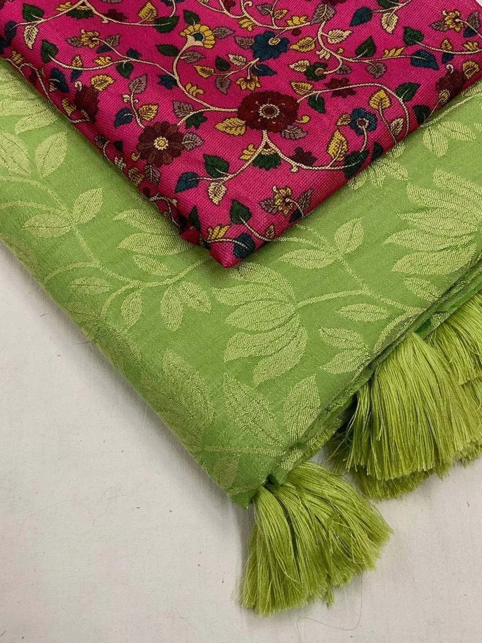 Sky Blue Soft silk self-woven Jacquard sarees paired with Kamalkari style printed Jute Silk blouses in festival season for womne and girls-Green-1