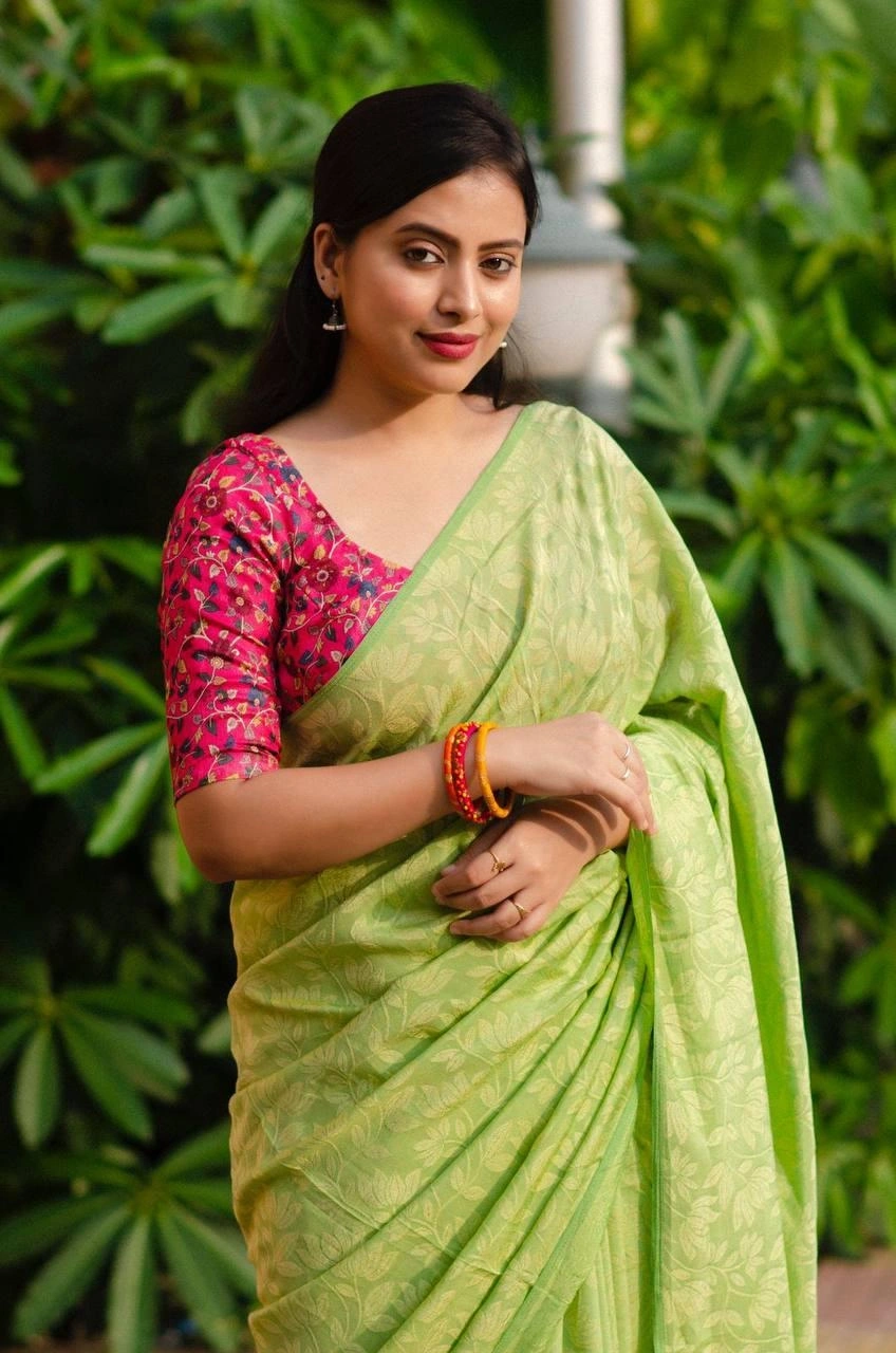 Sky Blue Soft silk self-woven Jacquard sarees paired with Kamalkari style printed Jute Silk blouses in festival season for womne and girls-Green-2