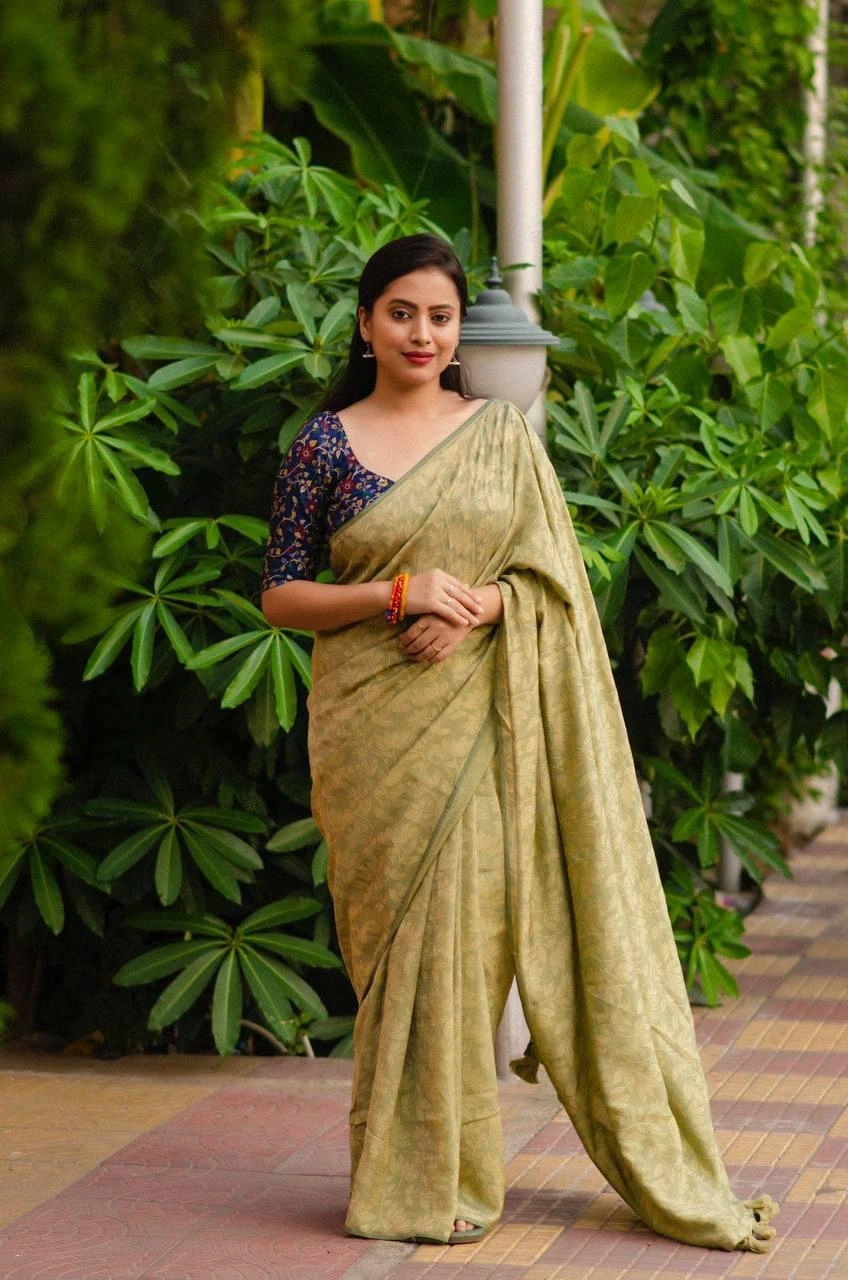 Sky Blue Soft silk self-woven Jacquard sarees paired with Kamalkari style printed Jute Silk blouses in festival season for womne and girls-BARFI-01_Heena