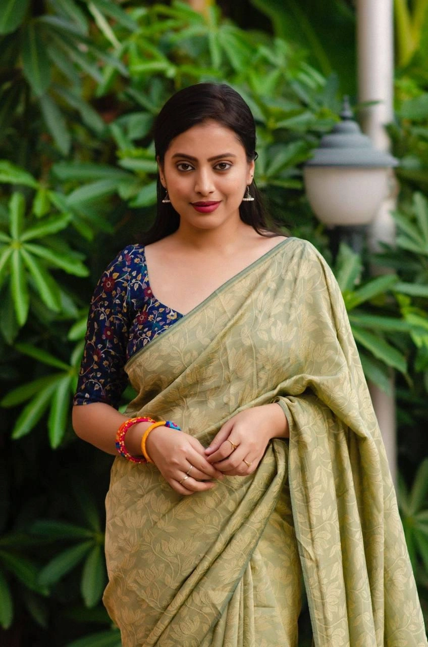 Sky Blue Soft silk self-woven Jacquard sarees paired with Kamalkari style printed Jute Silk blouses in festival season for womne and girls-Heena-1