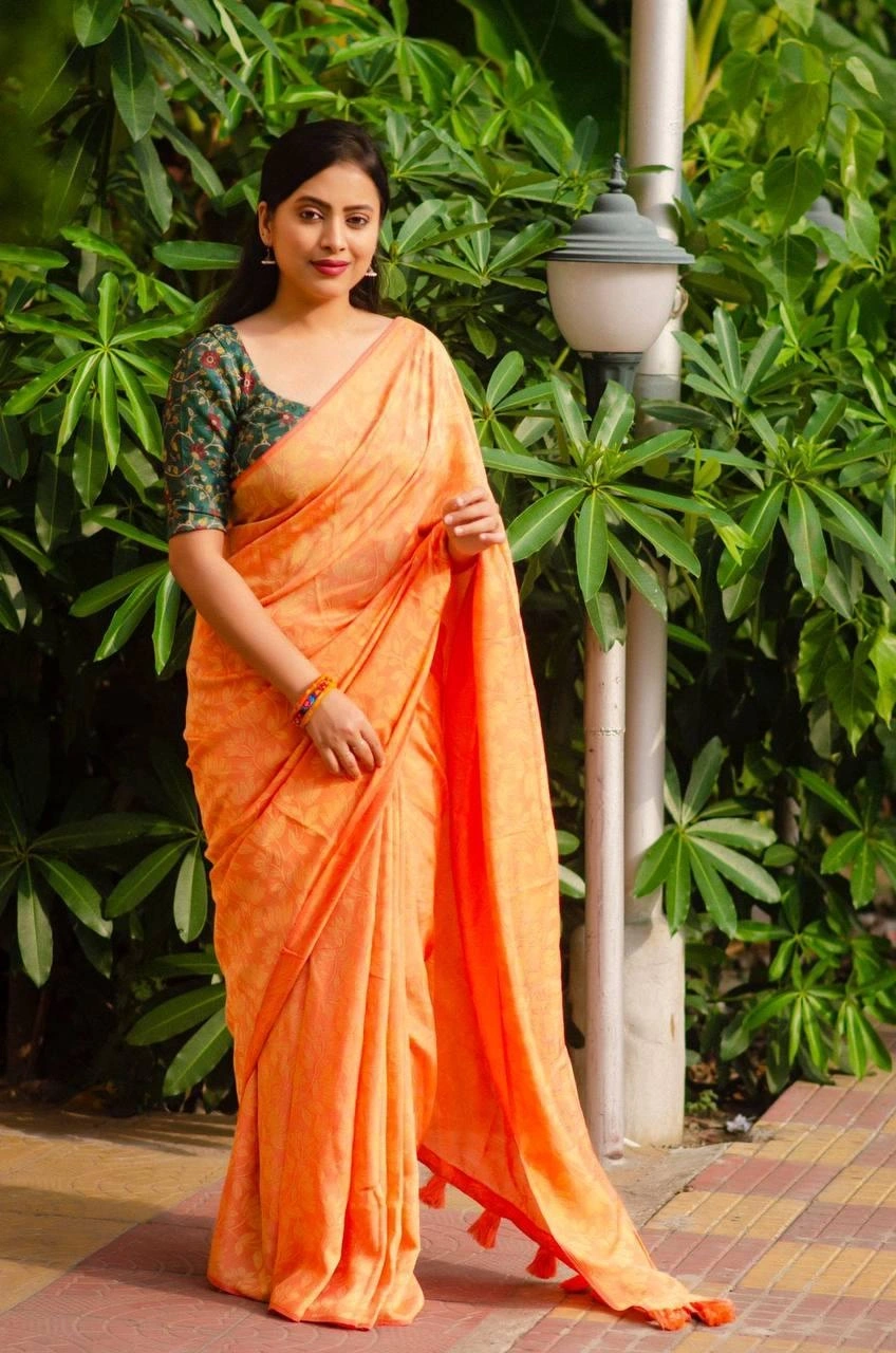 Sky Blue Soft silk self-woven Jacquard sarees paired with Kamalkari style printed Jute Silk blouses in festival season for womne and girls-BARFI-01_Orange