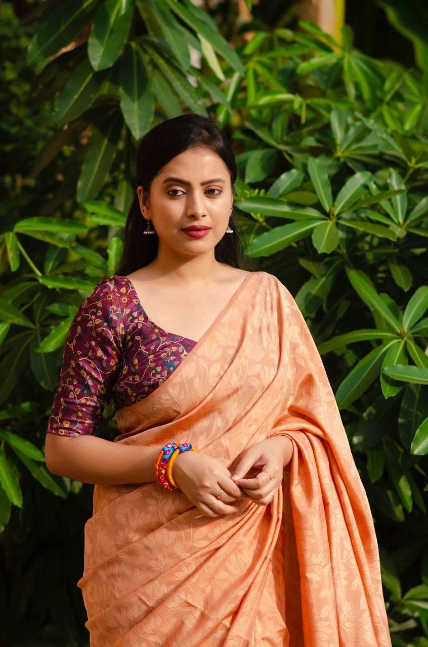 Sky Blue Soft silk self-woven Jacquard sarees paired with Kamalkari style printed Jute Silk blouses in festival season for womne and girls-Orange-1