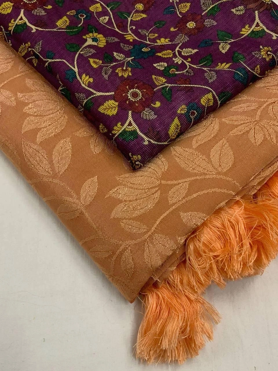 Sky Blue Soft silk self-woven Jacquard sarees paired with Kamalkari style printed Jute Silk blouses in festival season for womne and girls-Orange-2