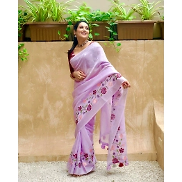 Shree Nakoda Mills Levender Soft Linen saree with threadwork silver woven border for wedding and festival season for women and girls