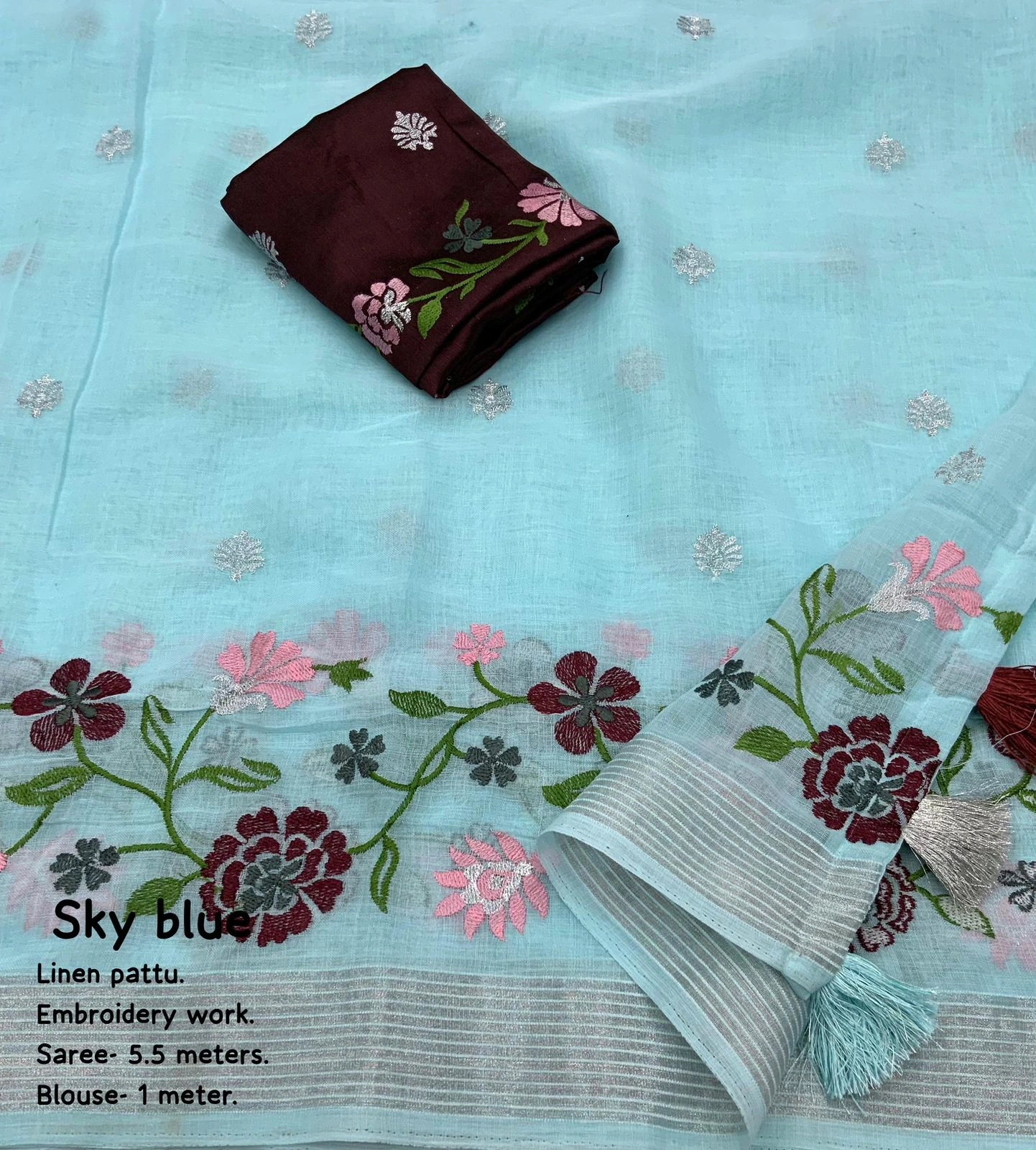 Levender Soft Linen saree with threadwork silver woven border for wedding and festival season for women and girls-Sky Blue-2