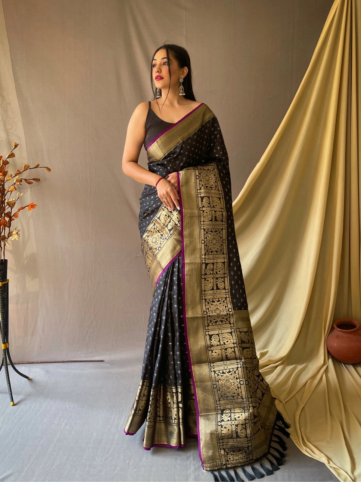 Jamli best handloom designer saree for festival season for women-Black-1