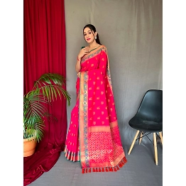 Shree Nakoda Mills Pink pure silk saree blending Paithani contrasting Patola weaves, Meenakari, for women and girl for festival