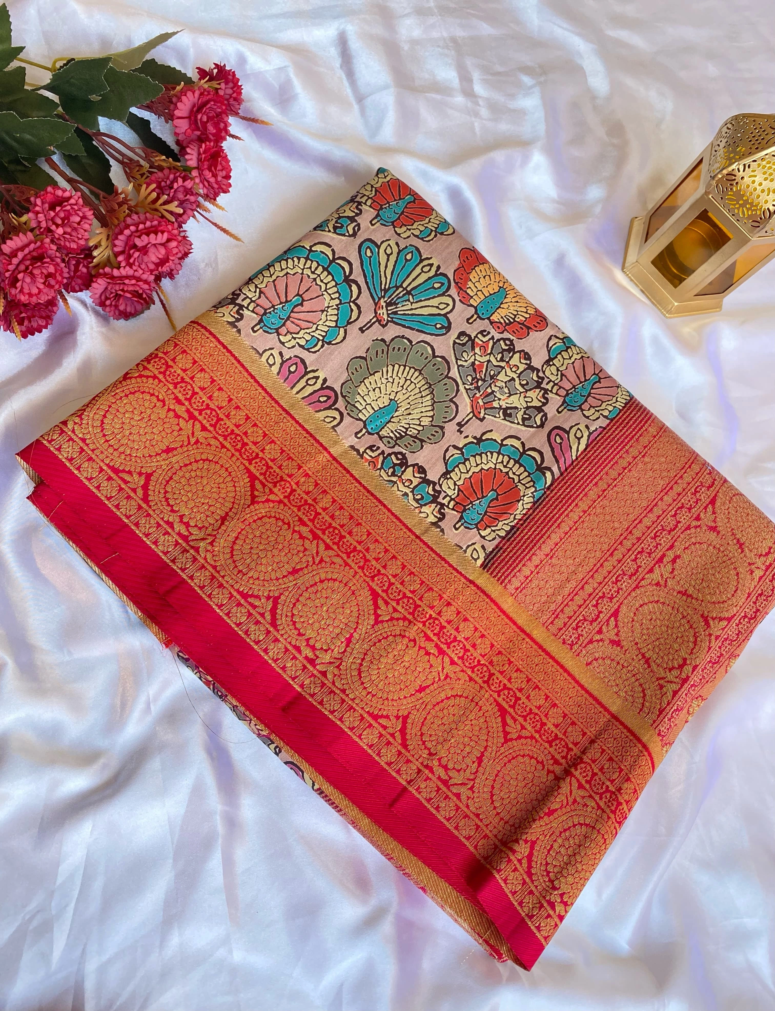 Grey tusser Silk saree with Kalamkari work and a stunning Banarasi border for festival and weddings-Grey-1