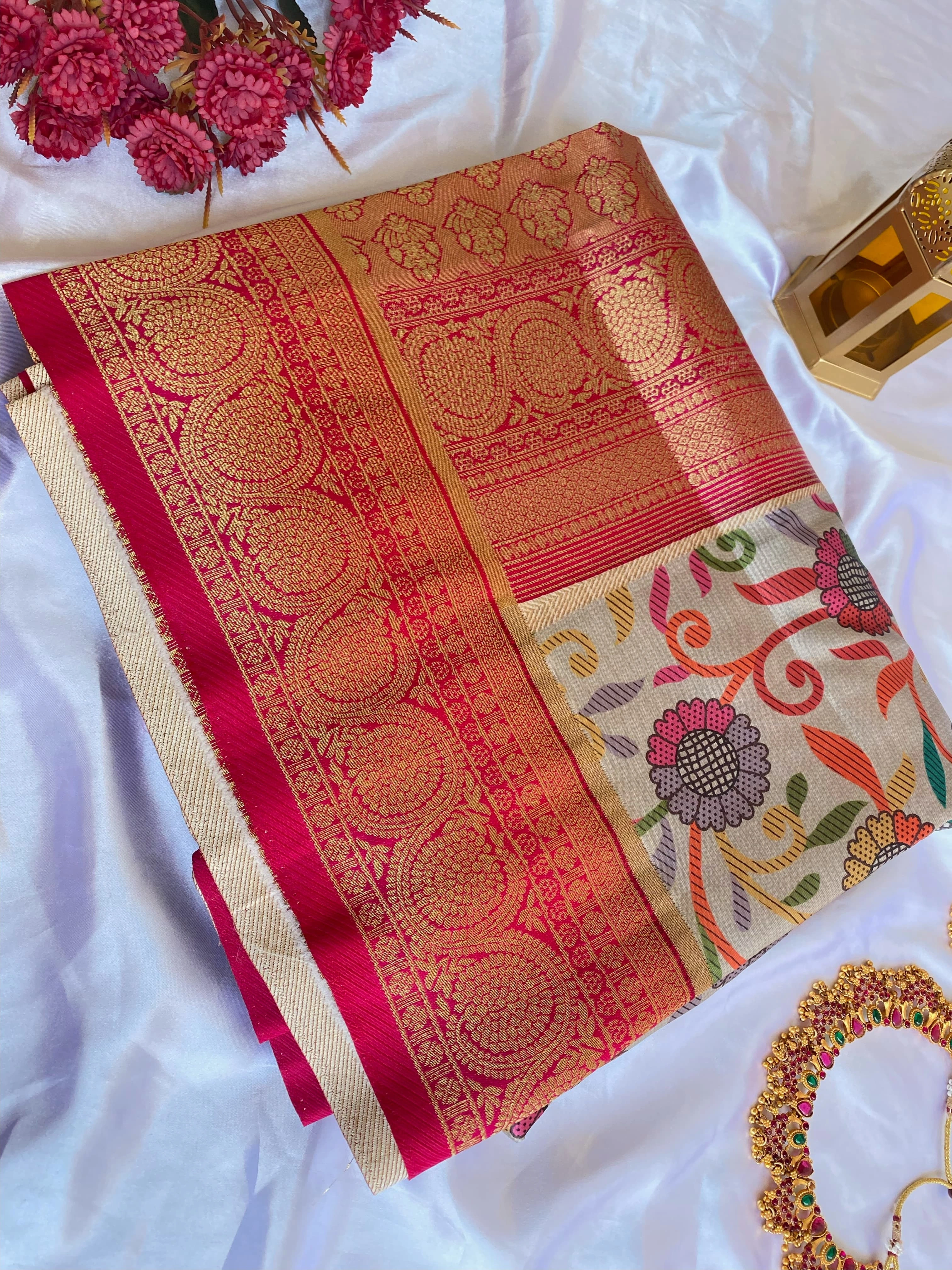 Grey tusser Silk saree with Kalamkari work and a stunning Banarasi border for festival and weddings-KAMALAKARISIKL_Cream