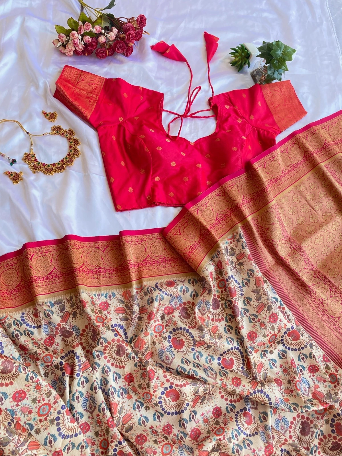 Grey tusser Silk saree with Kalamkari work and a stunning Banarasi border for festival and weddings-Cream-2