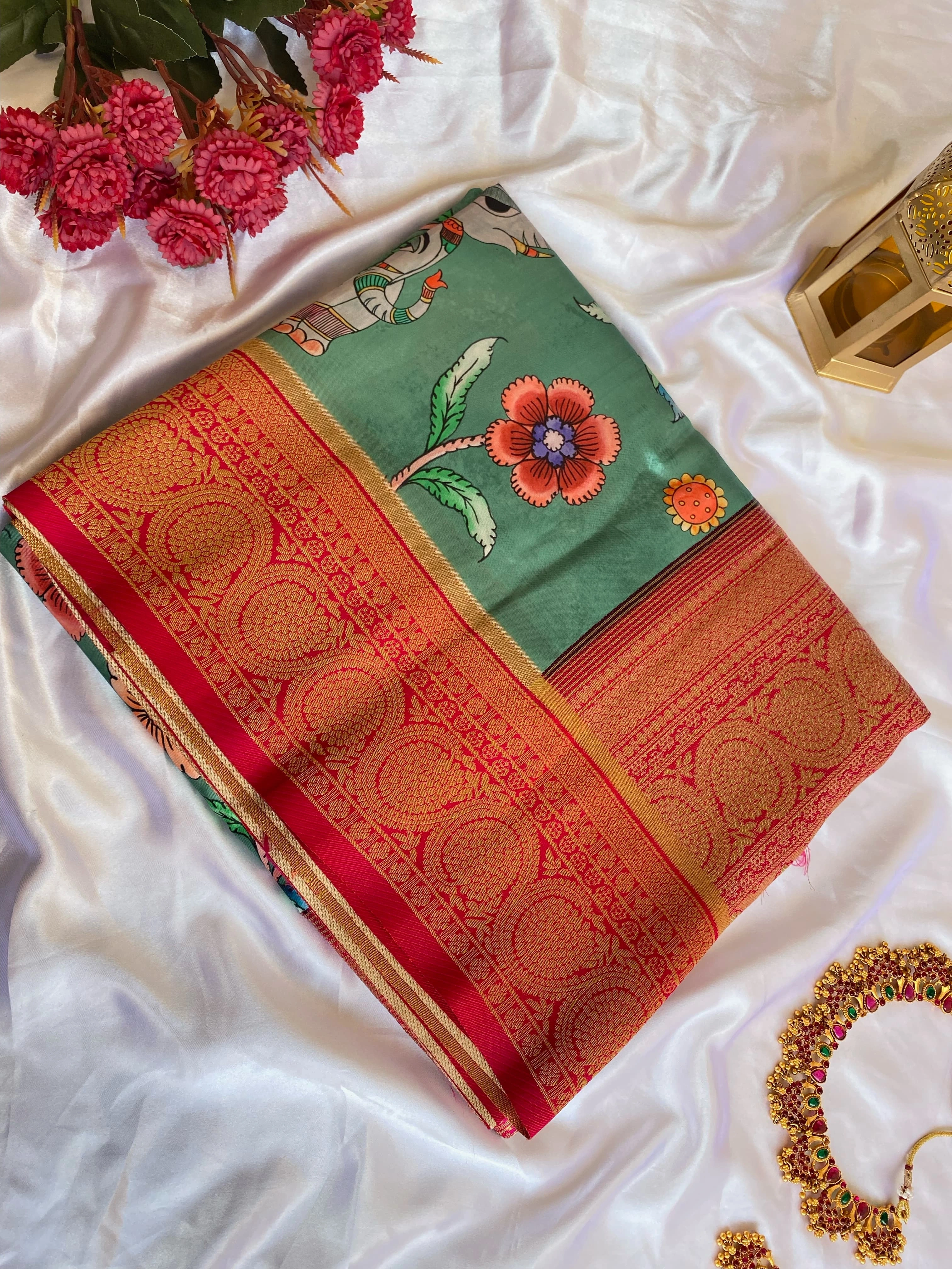 Grey tusser Silk saree with Kalamkari work and a stunning Banarasi border for festival and weddings-KAMALAKARISIKL_Green