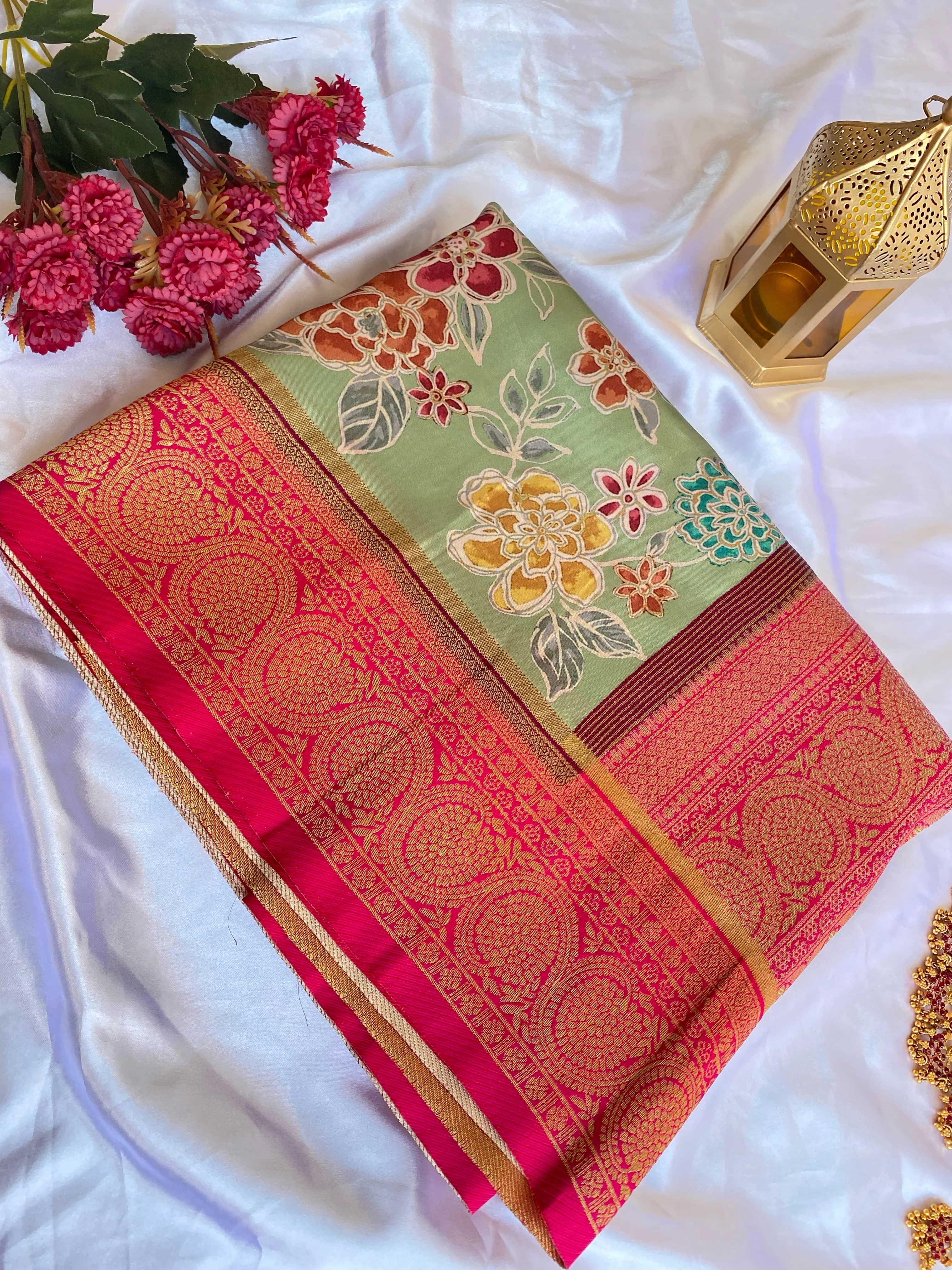 Grey tusser Silk saree with Kalamkari work and a stunning Banarasi border for festival and weddings-Peach-1