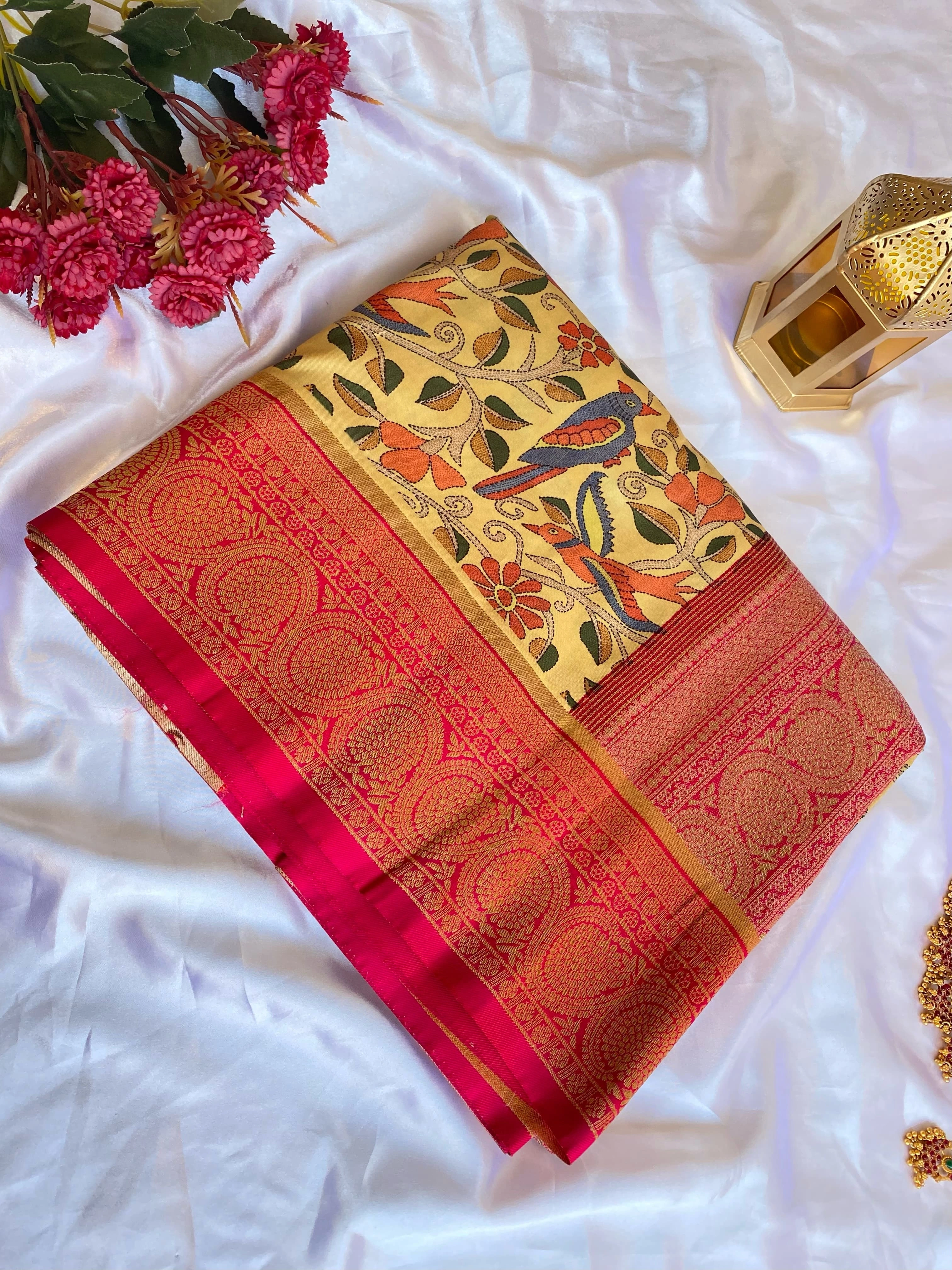 Grey tusser Silk saree with Kalamkari work and a stunning Banarasi border for festival and weddings-Yellow-1