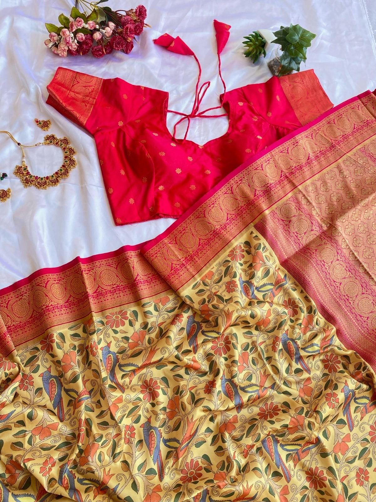 Grey tusser Silk saree with Kalamkari work and a stunning Banarasi border for festival and weddings-KAMALAKARISIKL_Peachred