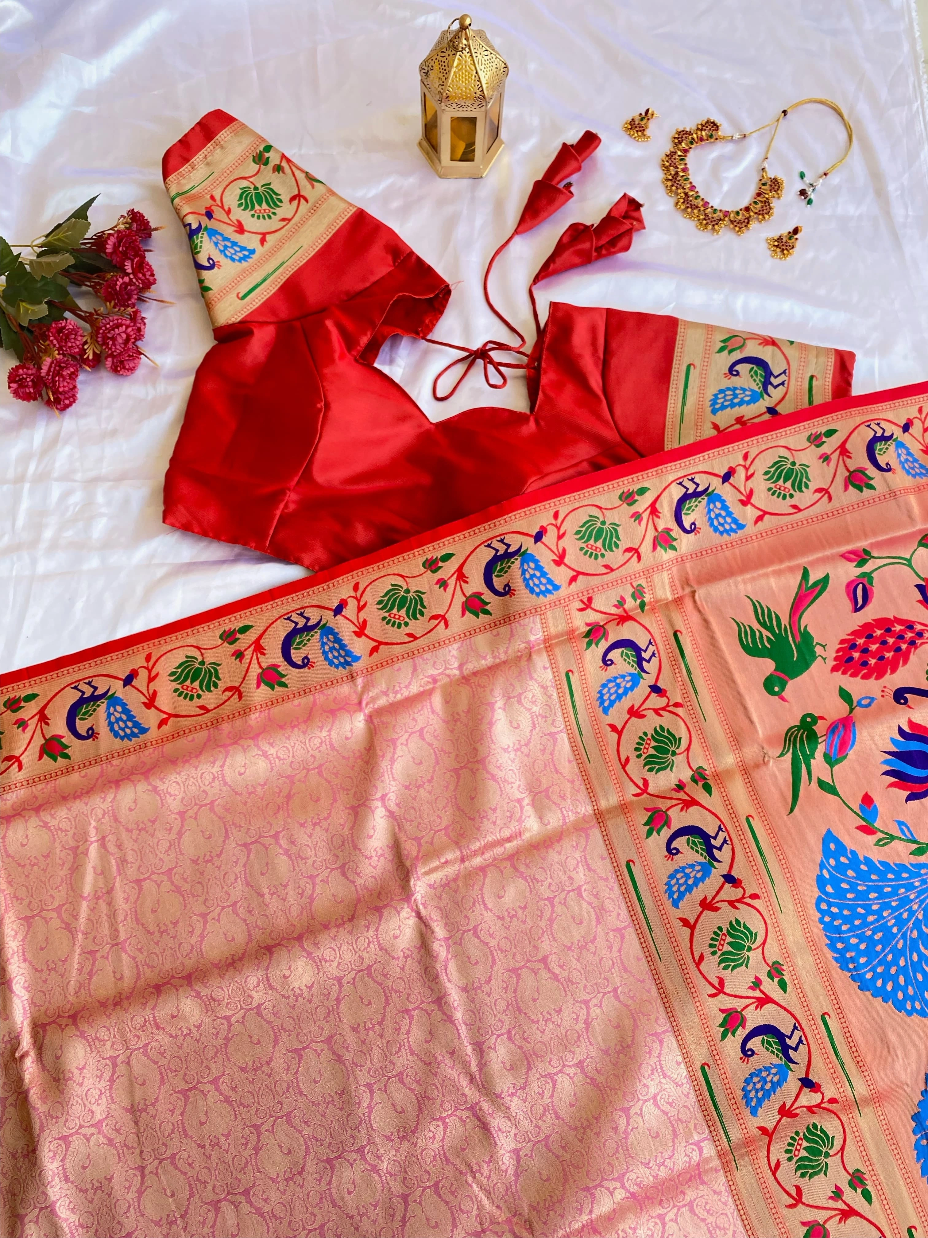 Pink Paithani pure silk saree with beautiful work and Banarsi style for festival and indian cultural wear for women and girls-DHARMAVARAMPAITHANI-pink