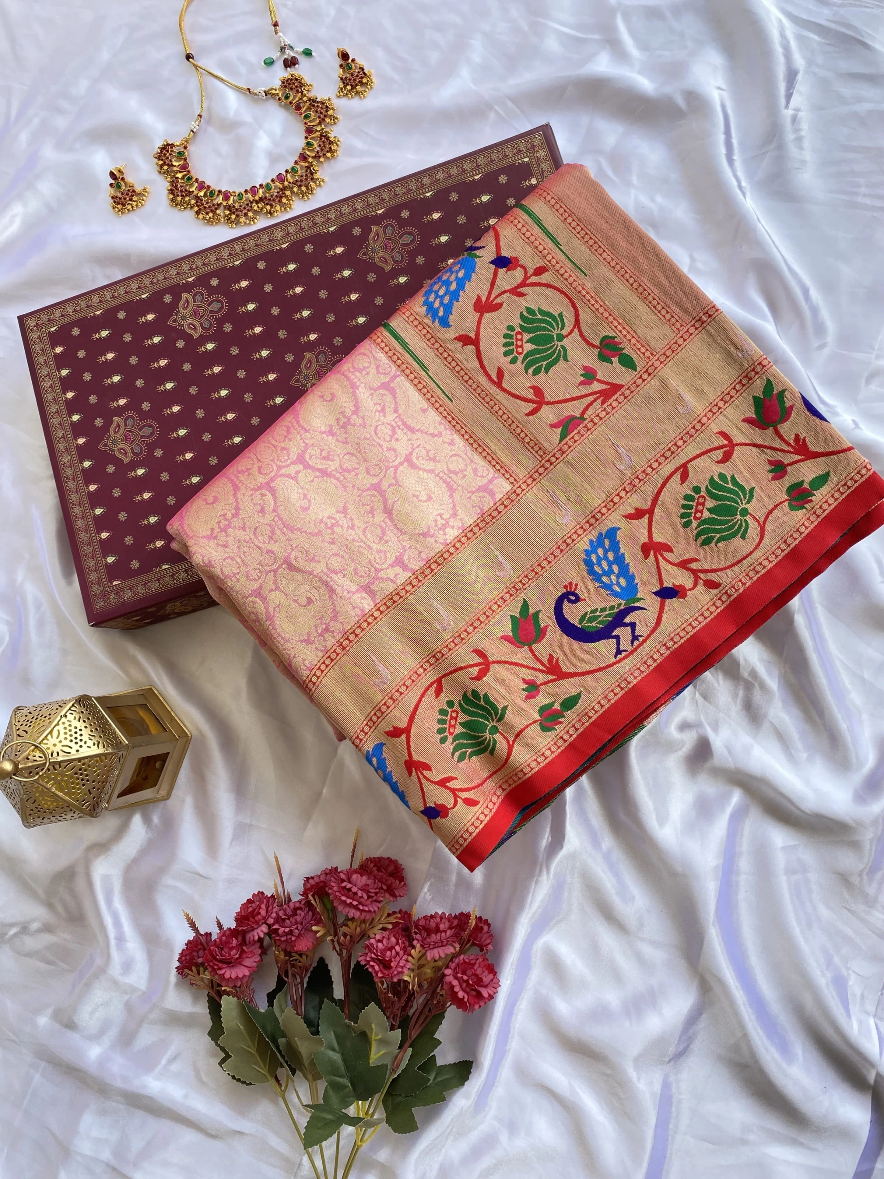 Pink Paithani pure silk saree with beautiful work and Banarsi style for festival and indian cultural wear for women and girls-Pink-4