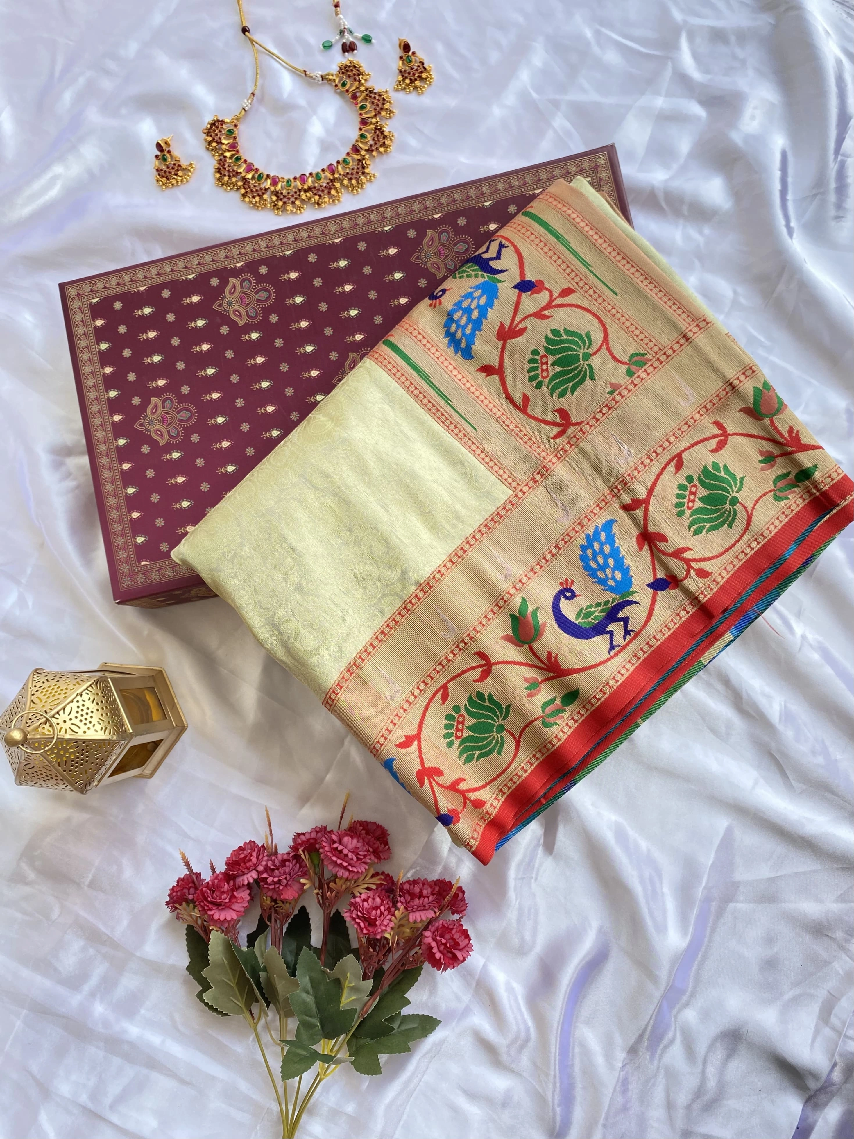 Pink Paithani pure silk saree with beautiful work and Banarsi style for festival and indian cultural wear for women and girls-Cream-1