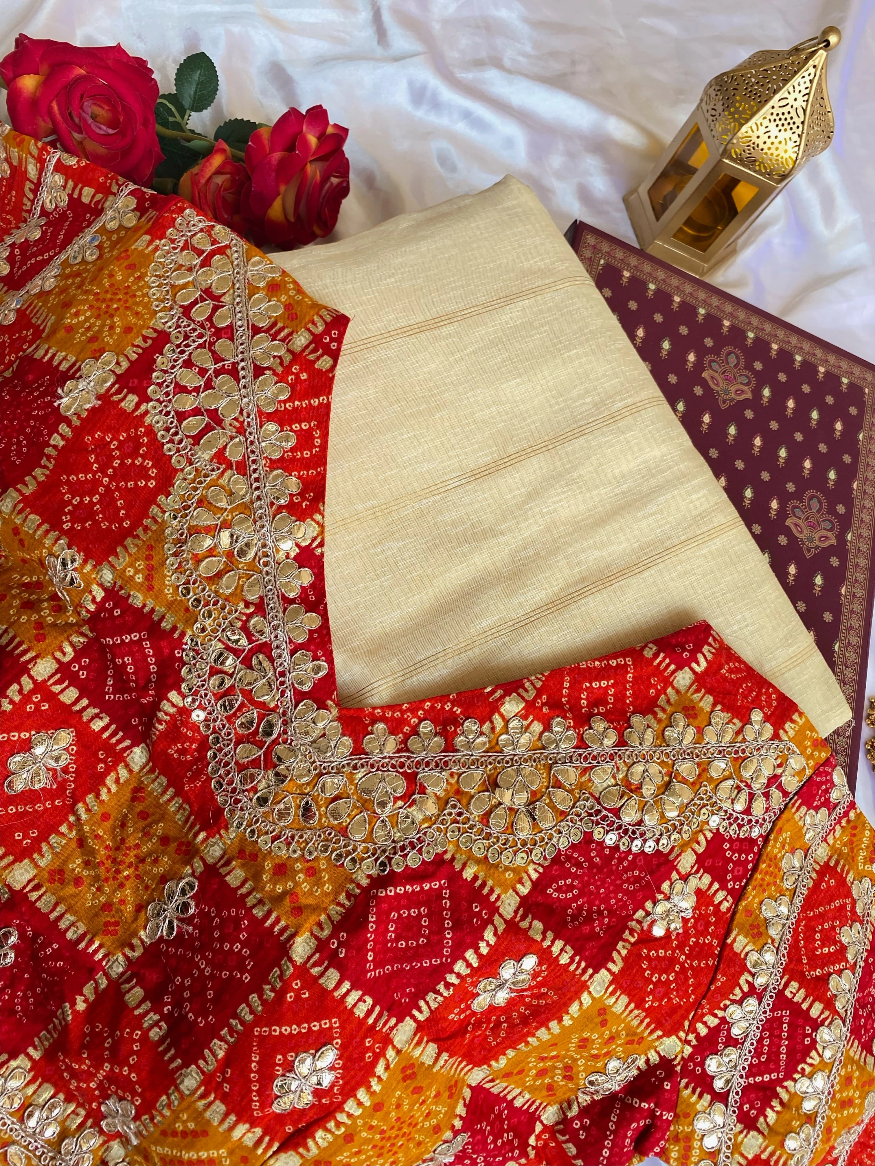 White soft tissue saree with a fancy temple lace border, zari stripes, and paired with a stitched padded Bandhani blouse-White-2