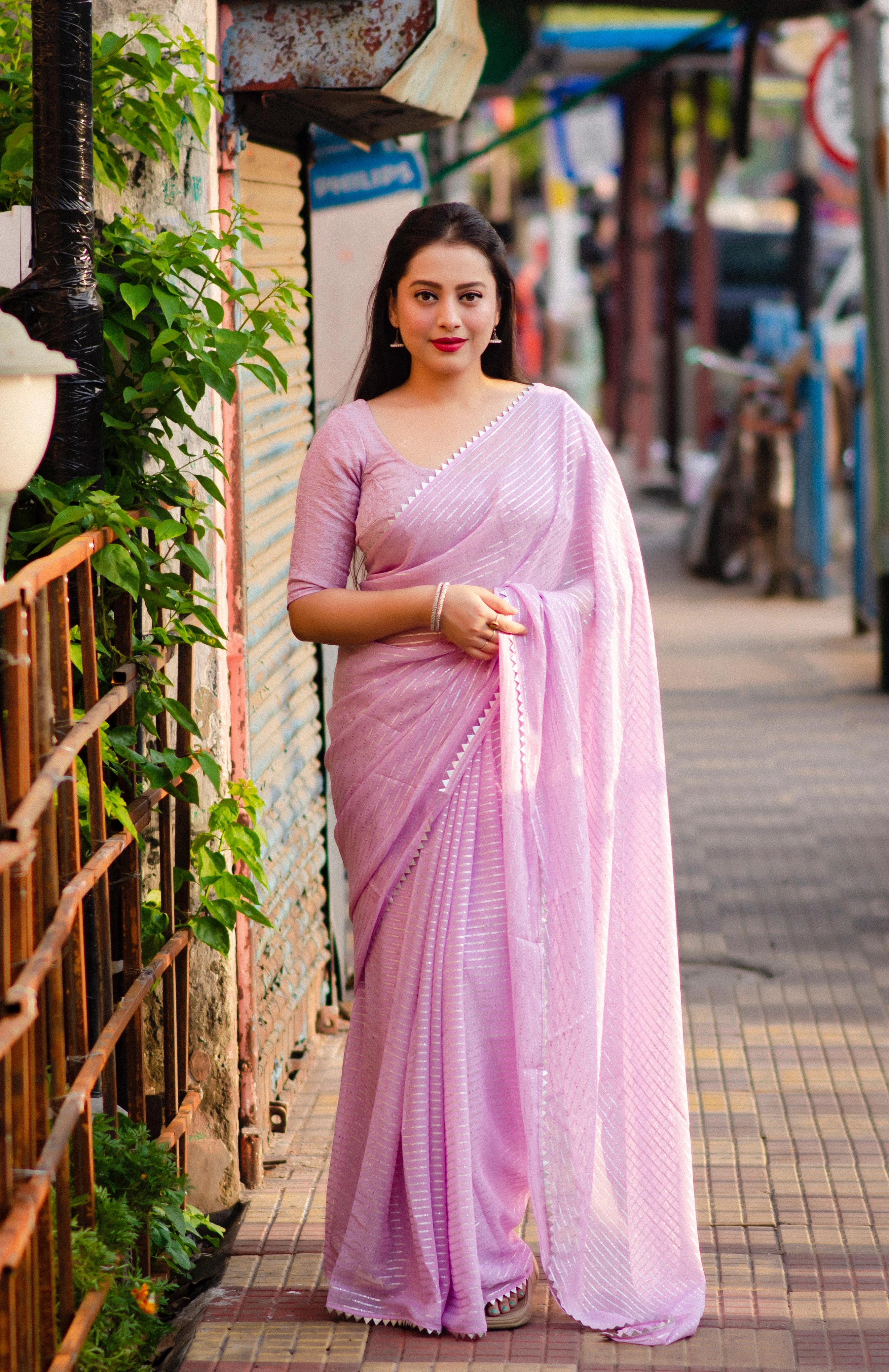 Levender soft chiffon indian saree Gota patched temple border. Paired  Banarasi silk blouse for festival special saree fore women-TEMPLECHIFFON_Levender