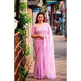 Shree Nakoda Mills Levender soft chiffon indian saree Gota patched temple border. Paired Banarasi silk blouse for festival special saree fore women