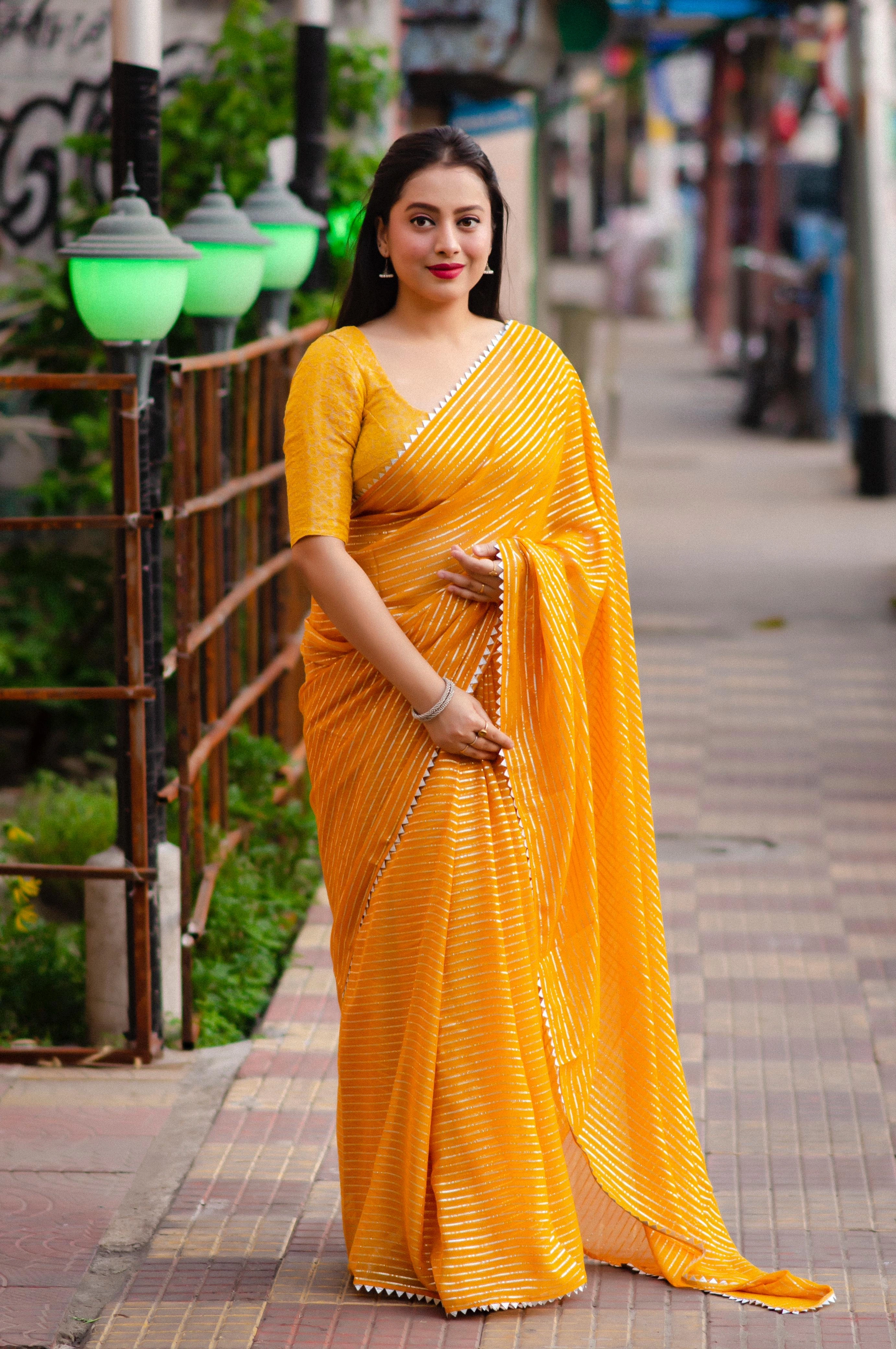 Levender soft chiffon indian saree Gota patched temple border. Paired  Banarasi silk blouse for festival special saree fore women-TEMPLECHIFFON_Mustrard