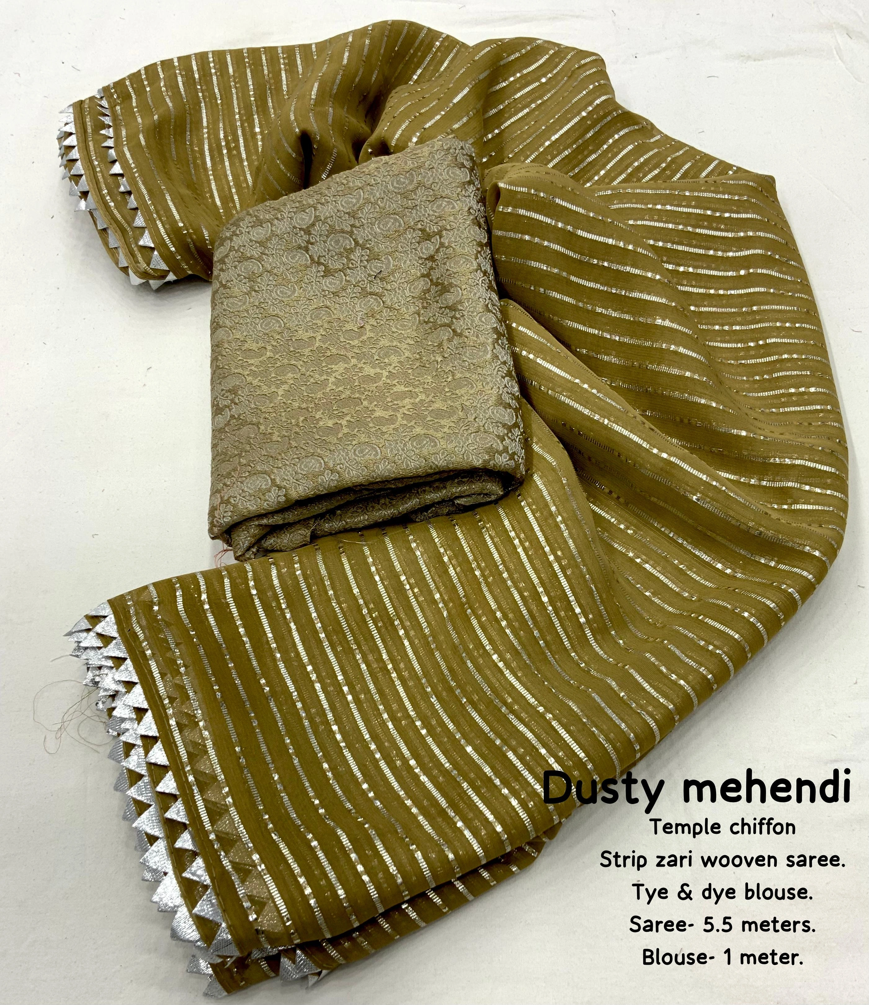 Levender soft chiffon indian saree Gota patched temple border. Paired  Banarasi silk blouse for festival special saree fore women-Dusty Mehndi-3