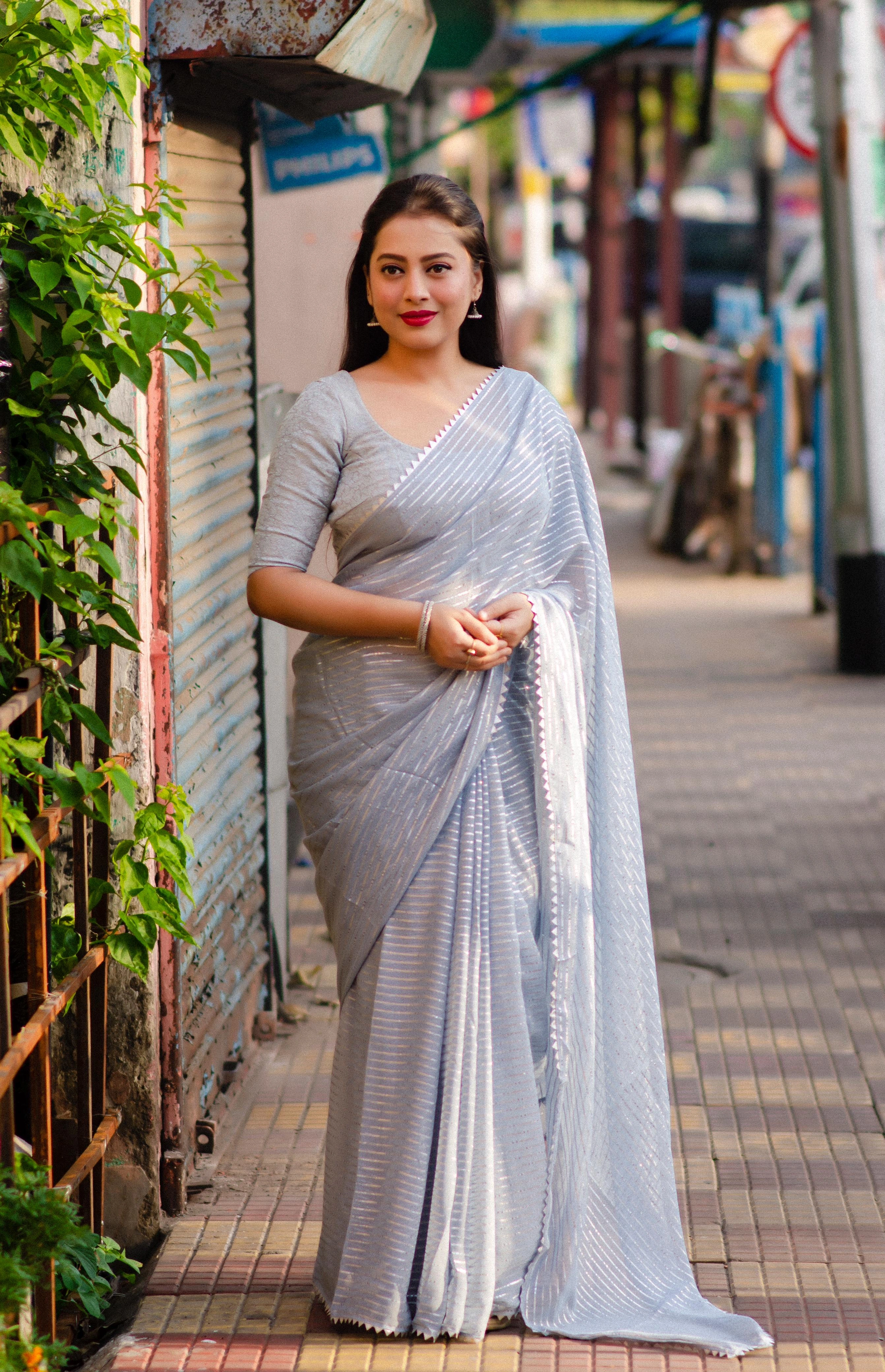 Levender soft chiffon indian saree Gota patched temple border. Paired  Banarasi silk blouse for festival special saree fore women-TEMPLECHIFFON_AntiqueGrey