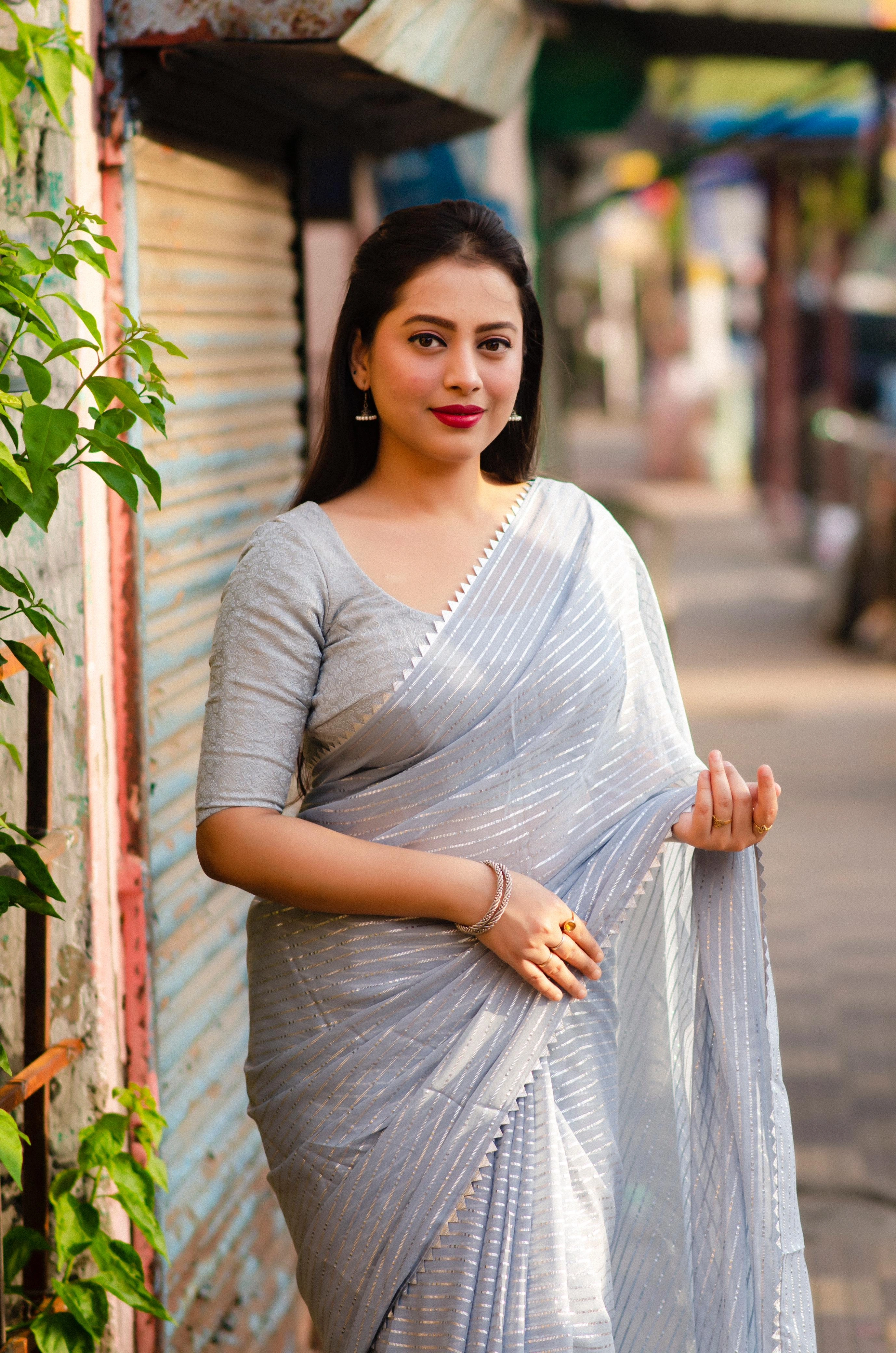 Levender soft chiffon indian saree Gota patched temple border. Paired  Banarasi silk blouse for festival special saree fore women-Antique Grey-1