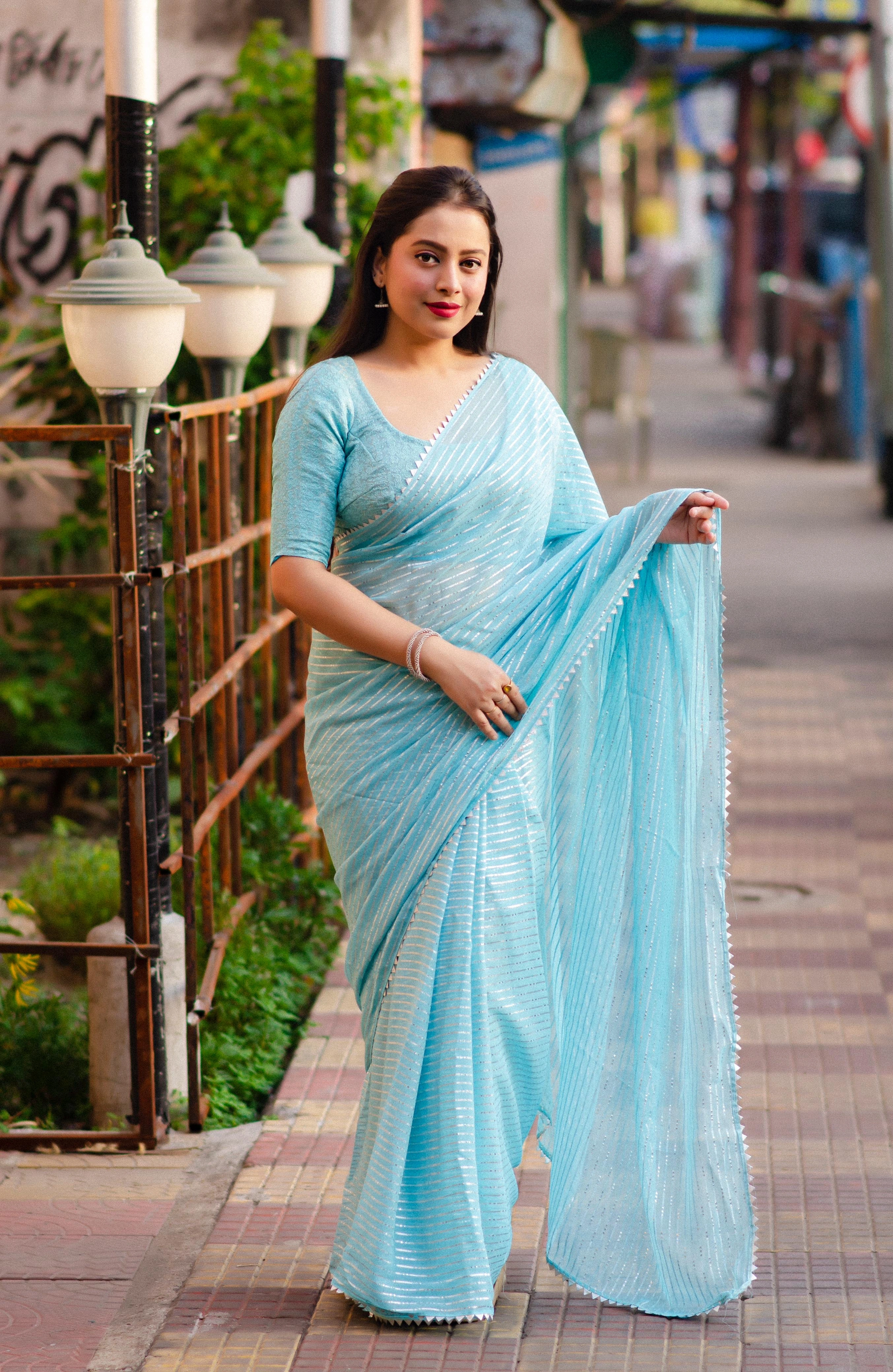 Levender soft chiffon indian saree Gota patched temple border. Paired  Banarasi silk blouse for festival special saree fore women-TEMPLECHIFFON_SkyBlue