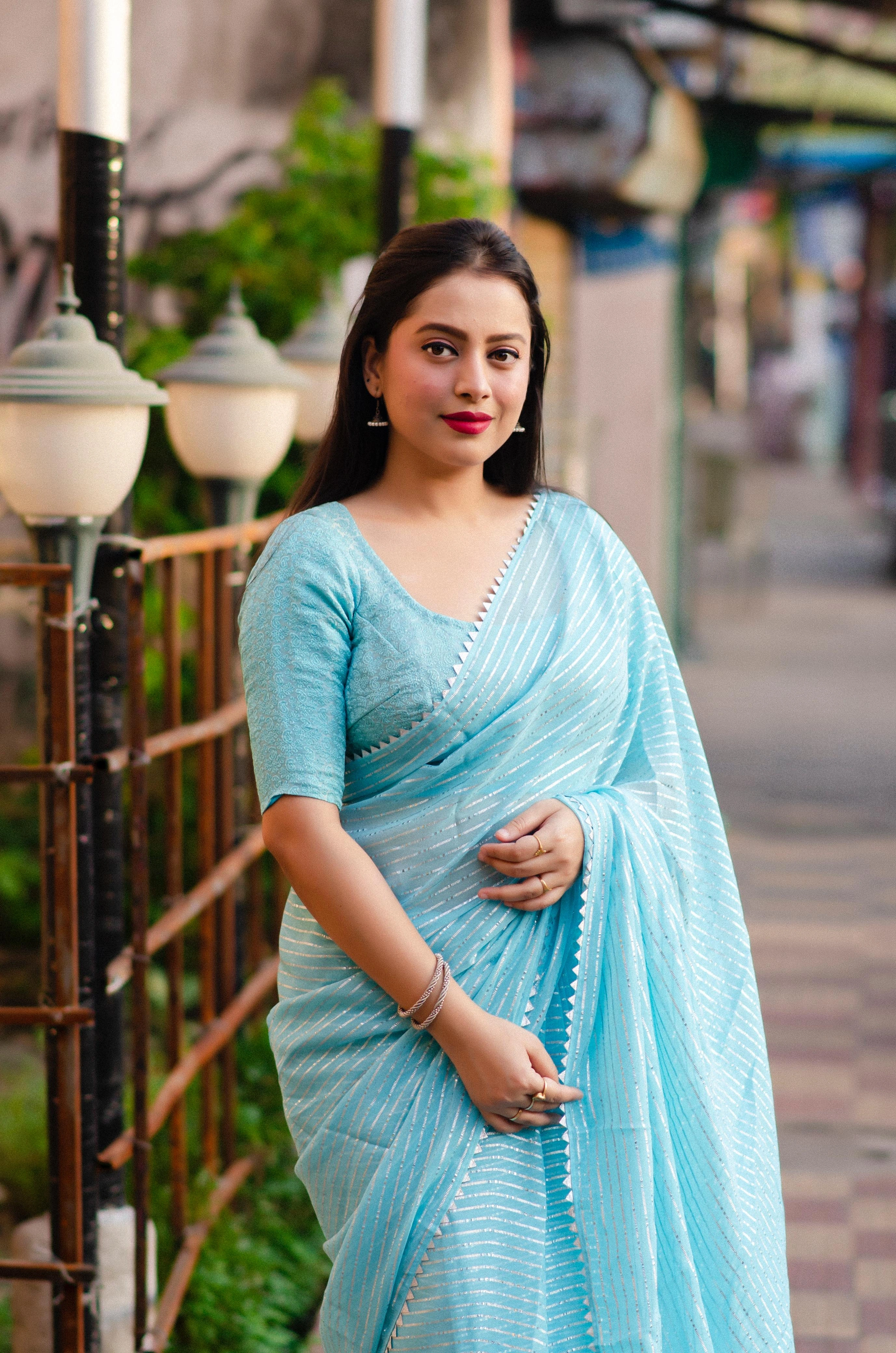 Levender soft chiffon indian saree Gota patched temple border. Paired  Banarasi silk blouse for festival special saree fore women-Sky Blue-1