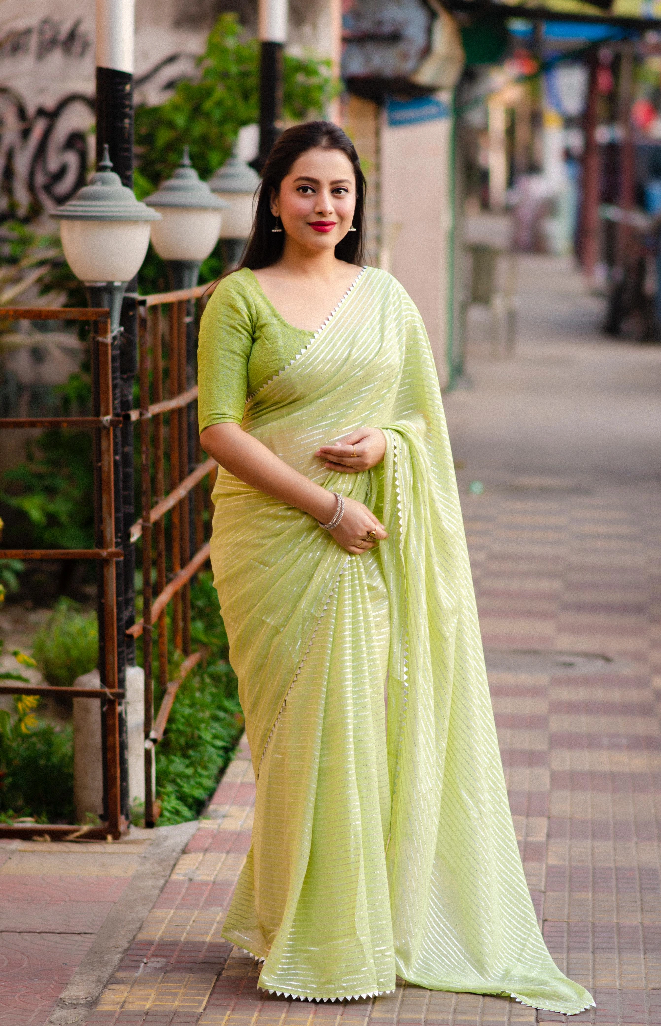 Levender soft chiffon indian saree Gota patched temple border. Paired  Banarasi silk blouse for festival special saree fore women-TEMPLECHIFFON_MintGreen