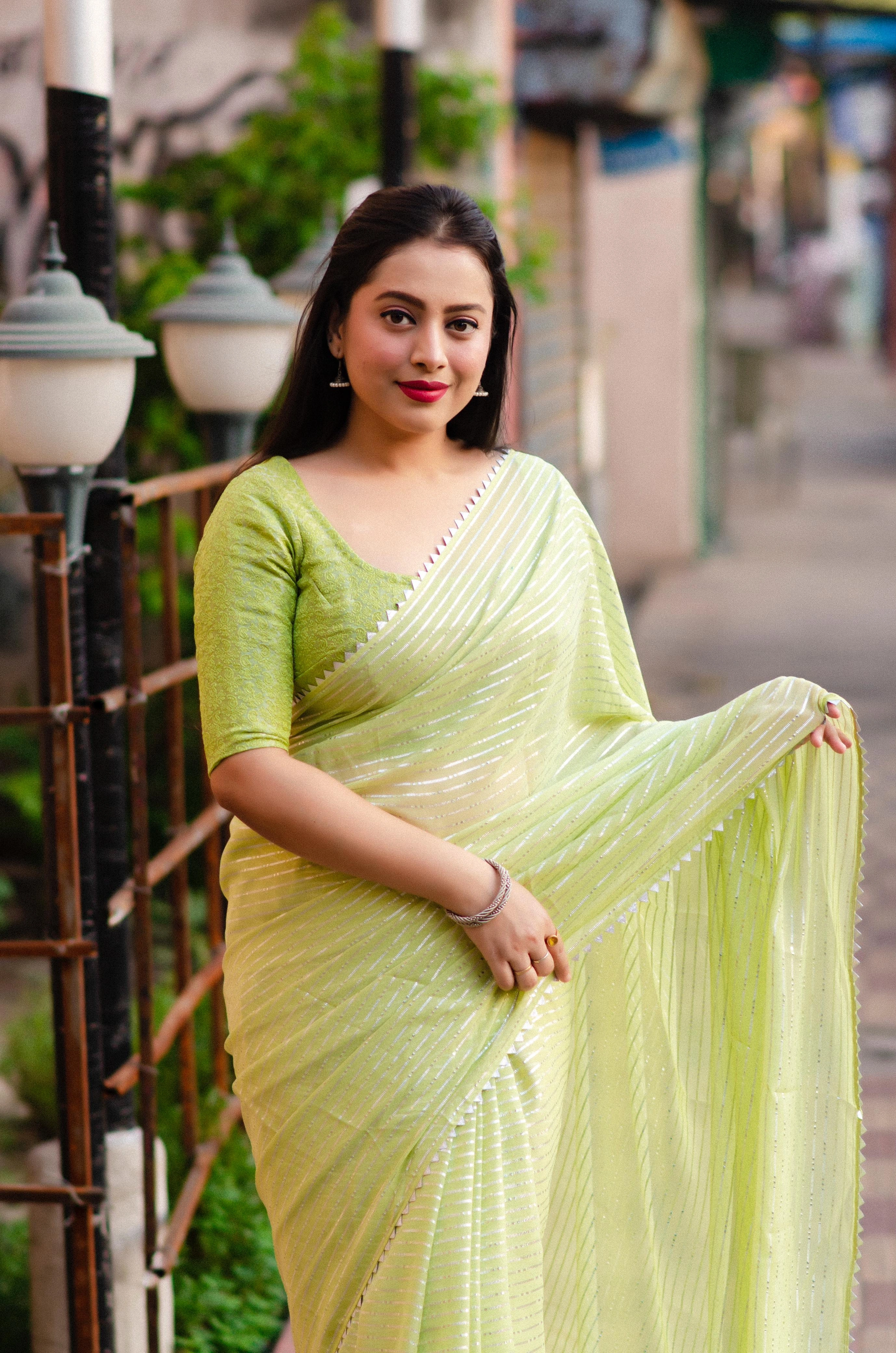 Levender soft chiffon indian saree Gota patched temple border. Paired  Banarasi silk blouse for festival special saree fore women-Mint Green-1