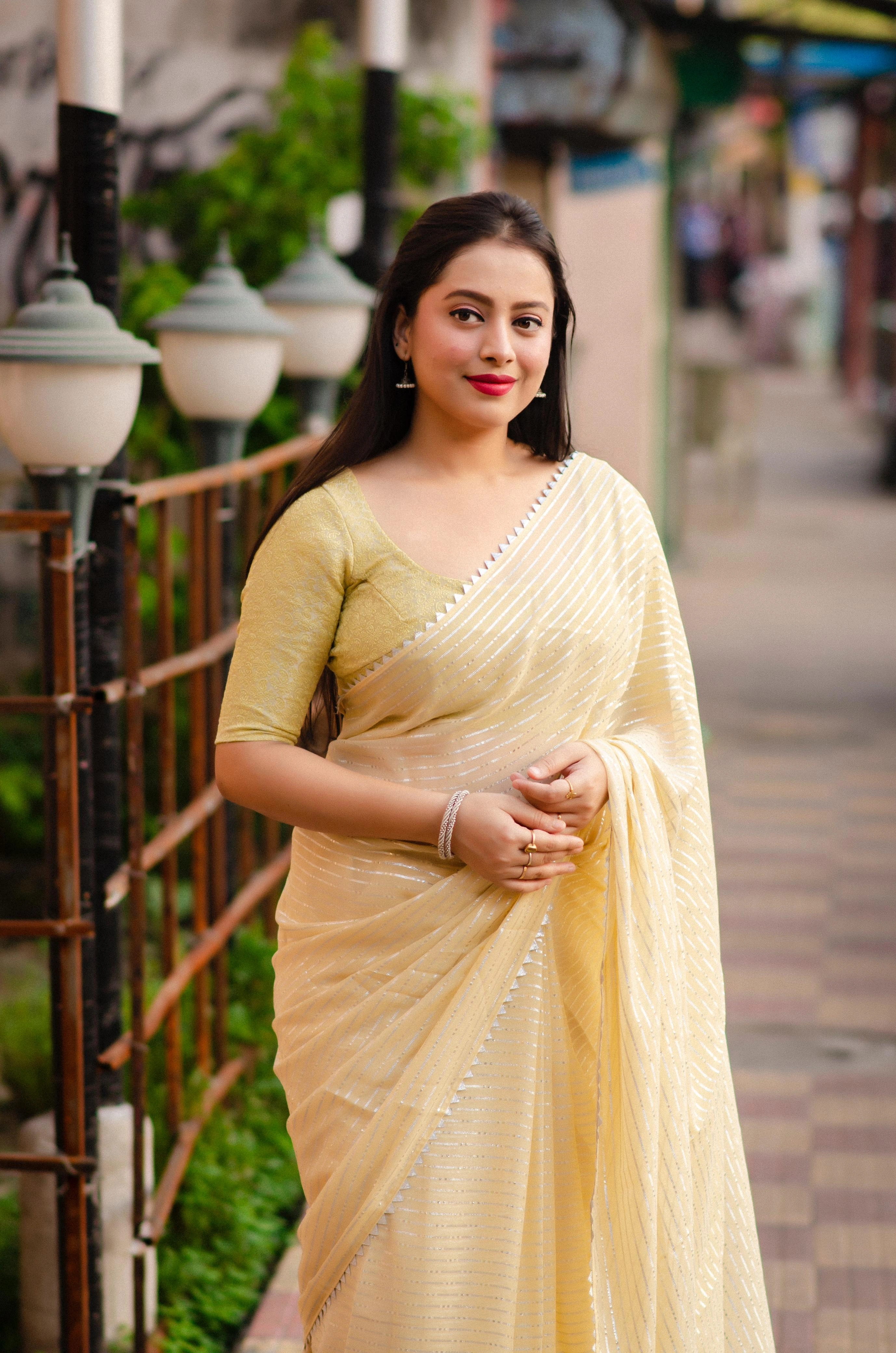 Levender soft chiffon indian saree Gota patched temple border. Paired  Banarasi silk blouse for festival special saree fore women-TEMPLECHIFFON_Cream