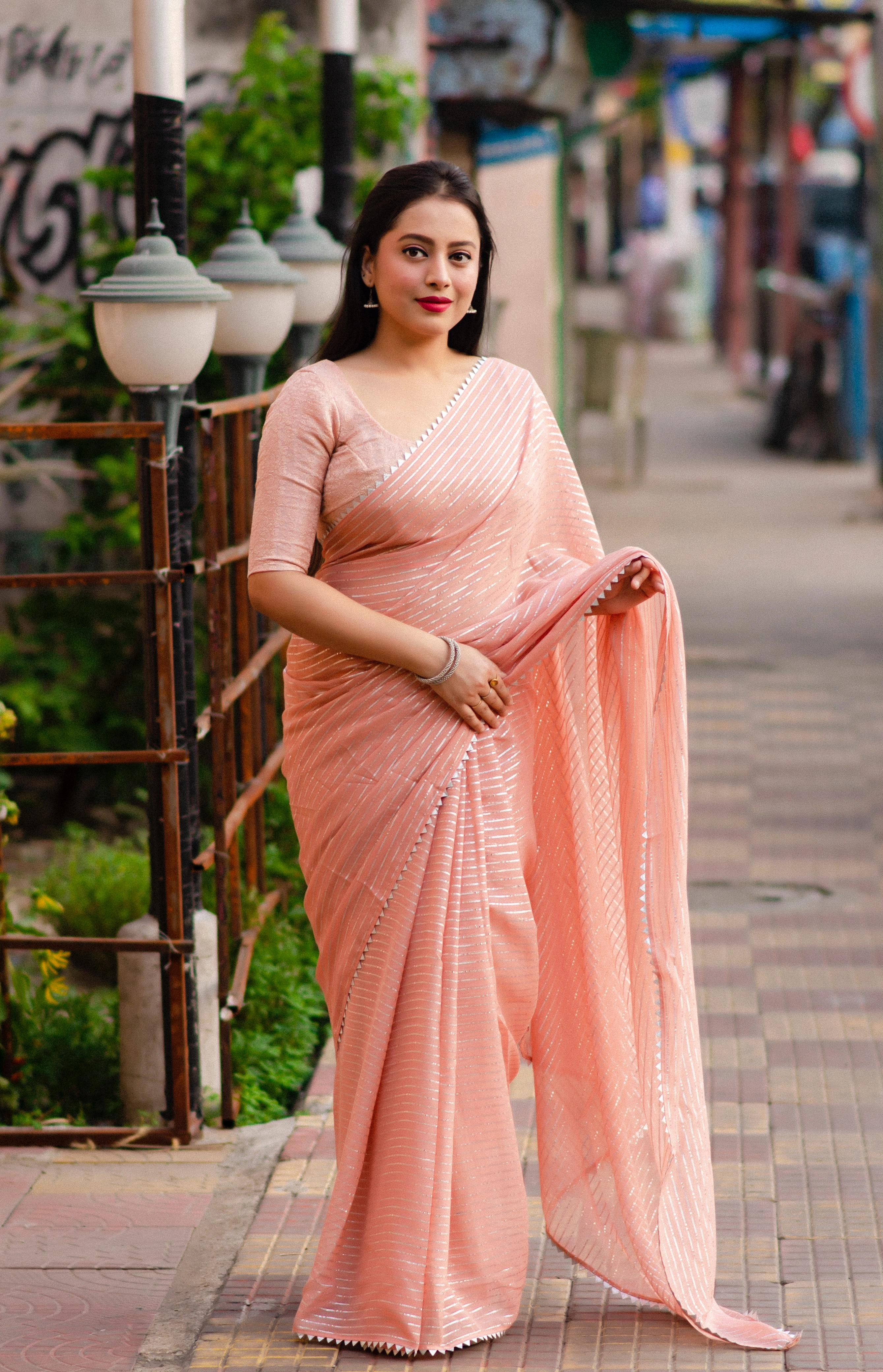 Levender soft chiffon indian saree Gota patched temple border. Paired  Banarasi silk blouse for festival special saree fore women-TEMPLECHIFFON_Peach