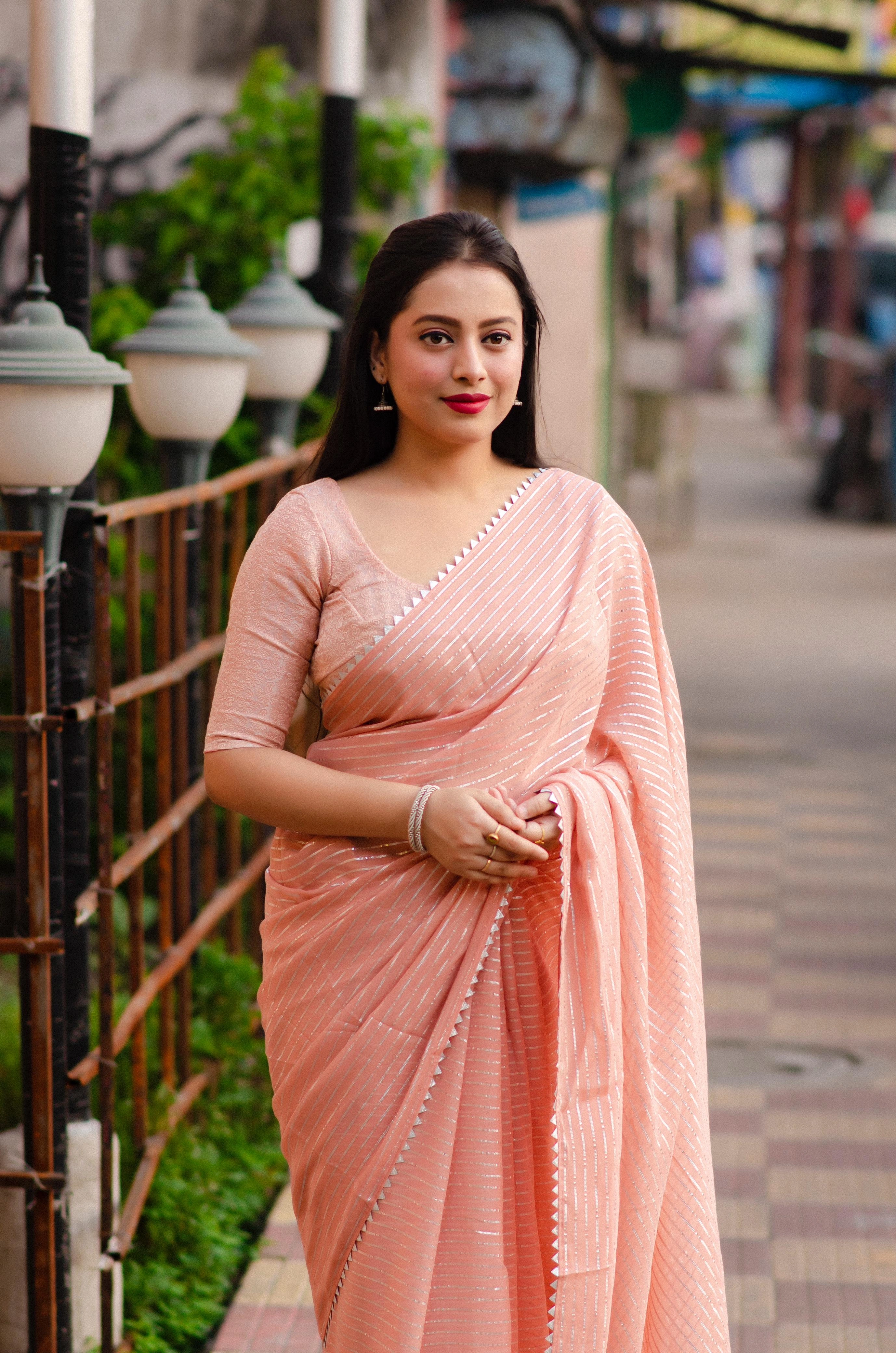 Levender soft chiffon indian saree Gota patched temple border. Paired  Banarasi silk blouse for festival special saree fore women-Peach-1