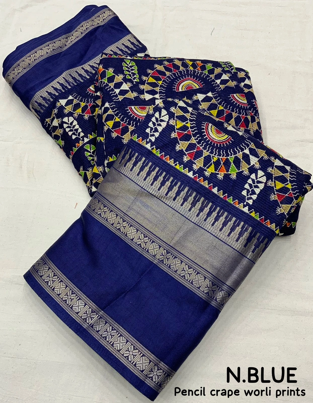 Red soft cotton crape saree indian symbol of cidian culture budget friendy saree for women-PENCILCRAPE_NavyBlue