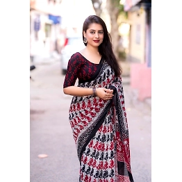 Shree Nakoda Mills Grey Red online best soft linen-by-linen printed indian saree for women, girls