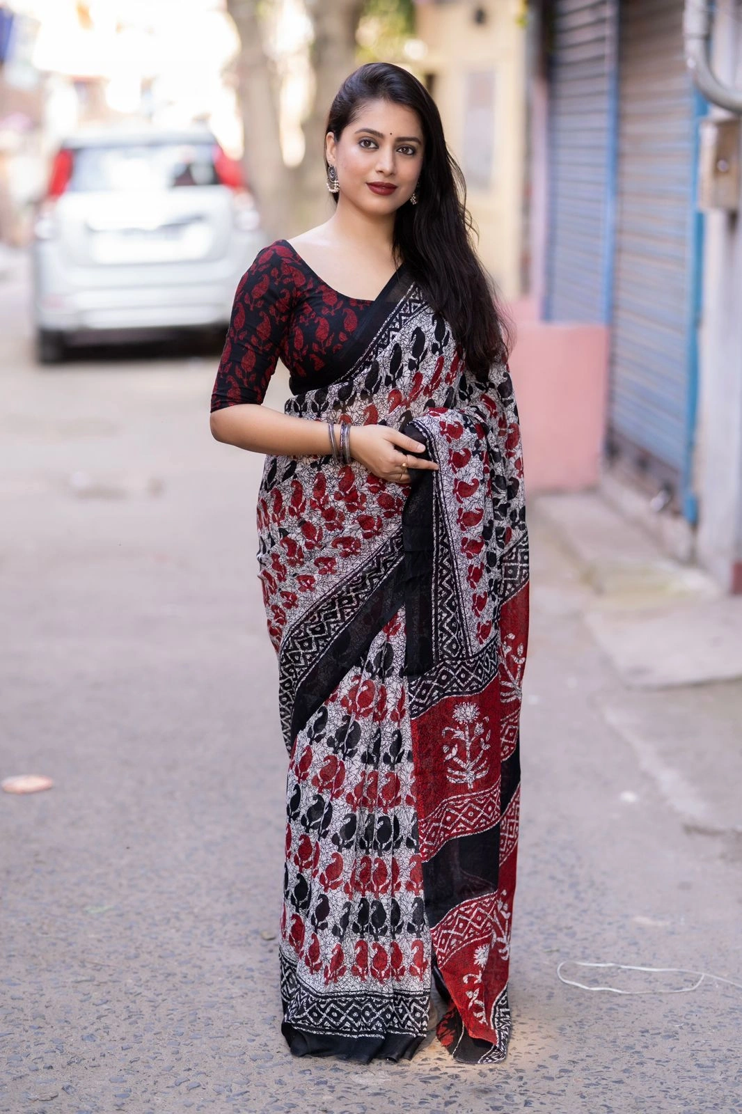 Grey Red online best soft linen-by-linen printed indian saree for women, girls-Grey Red-1