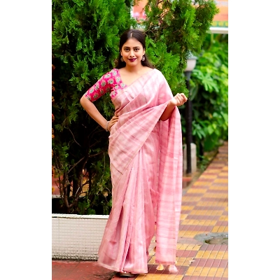 Shree Nakoda Mills Pink silk Indian saree features an allover woven slub pattern in online best buget and quality