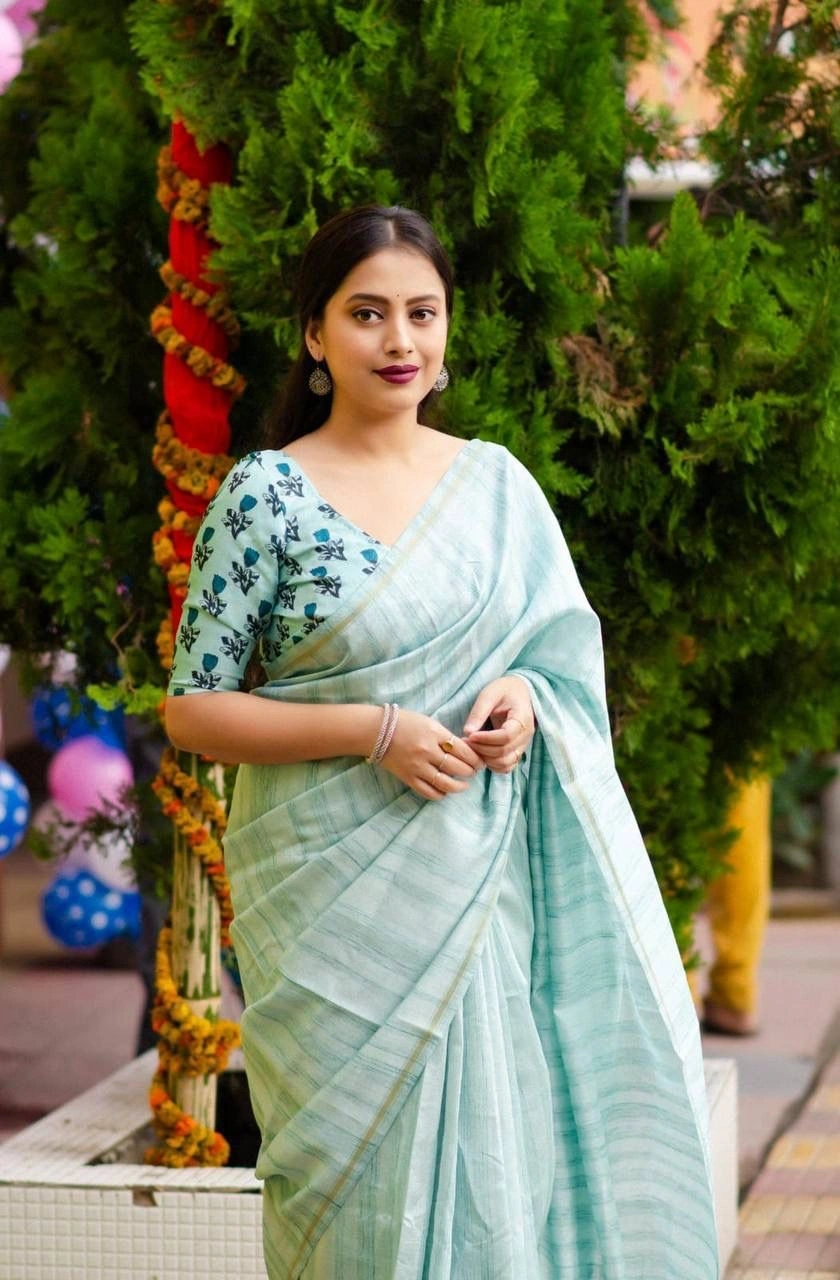 Pink silk Indian saree features an allover woven slub pattern in online best buget and quality-Sky Blue-1