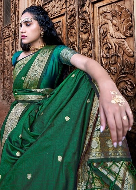 Green charm of Varanasi silk sarees with Banaras Zari weaving for Indian women-GREEN-2